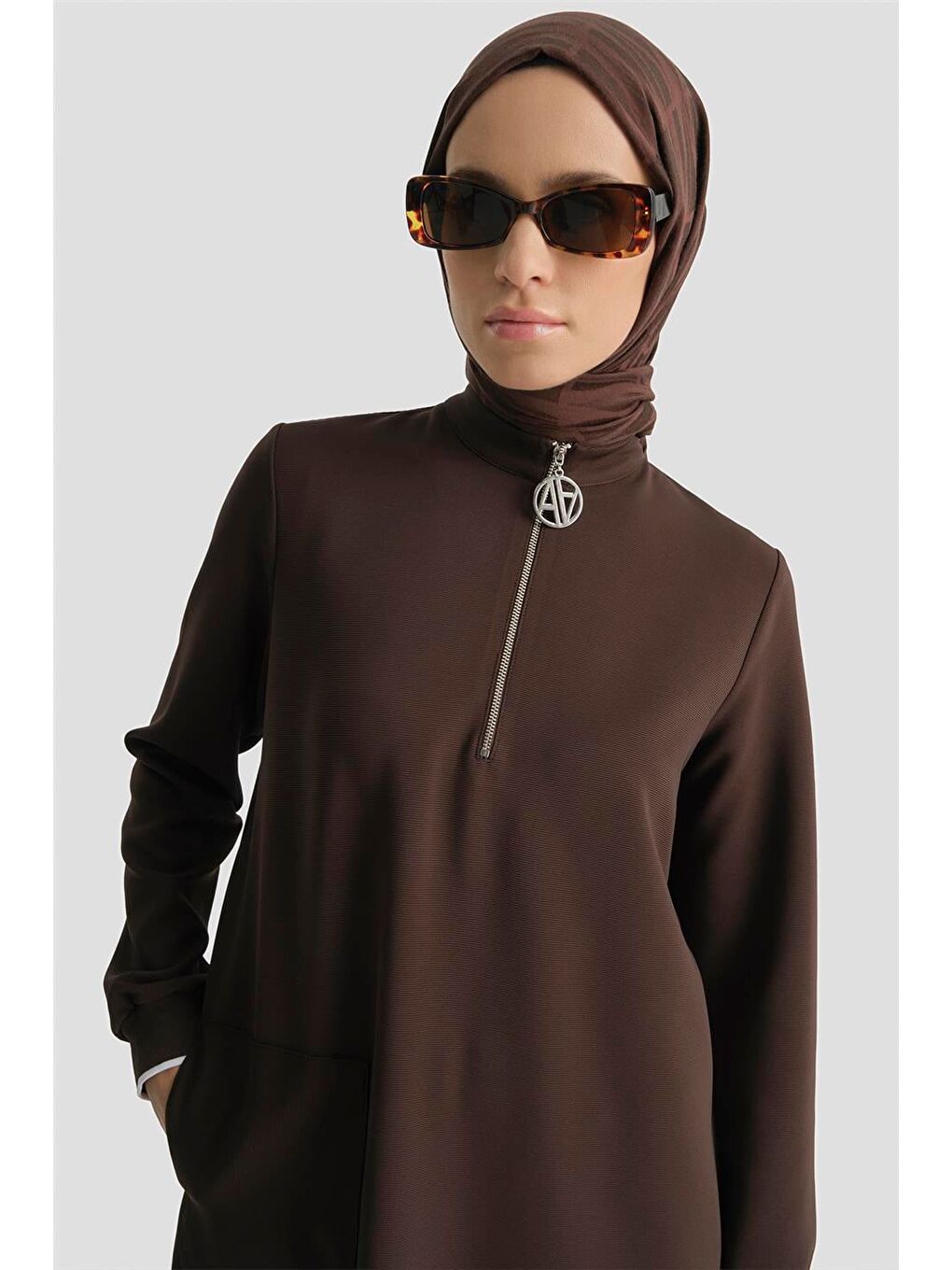 Kahverengi Fermuar Detaylı Tunik Kahve-2