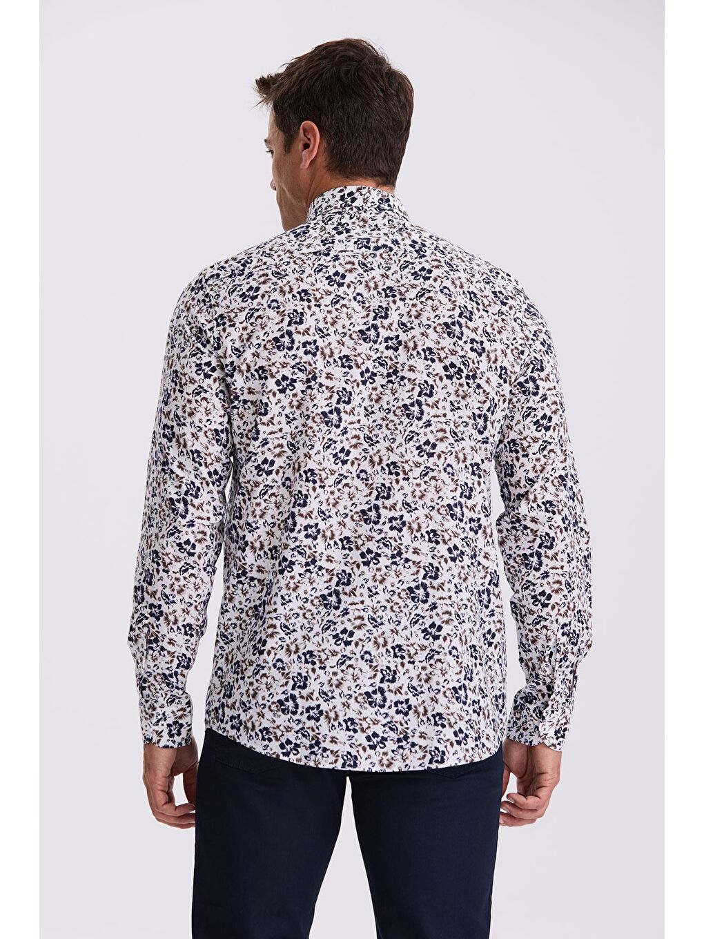 Koyu Lacivert Çiçek Desenli Yaka Düğmeli Comfort Fit Gömlek-3