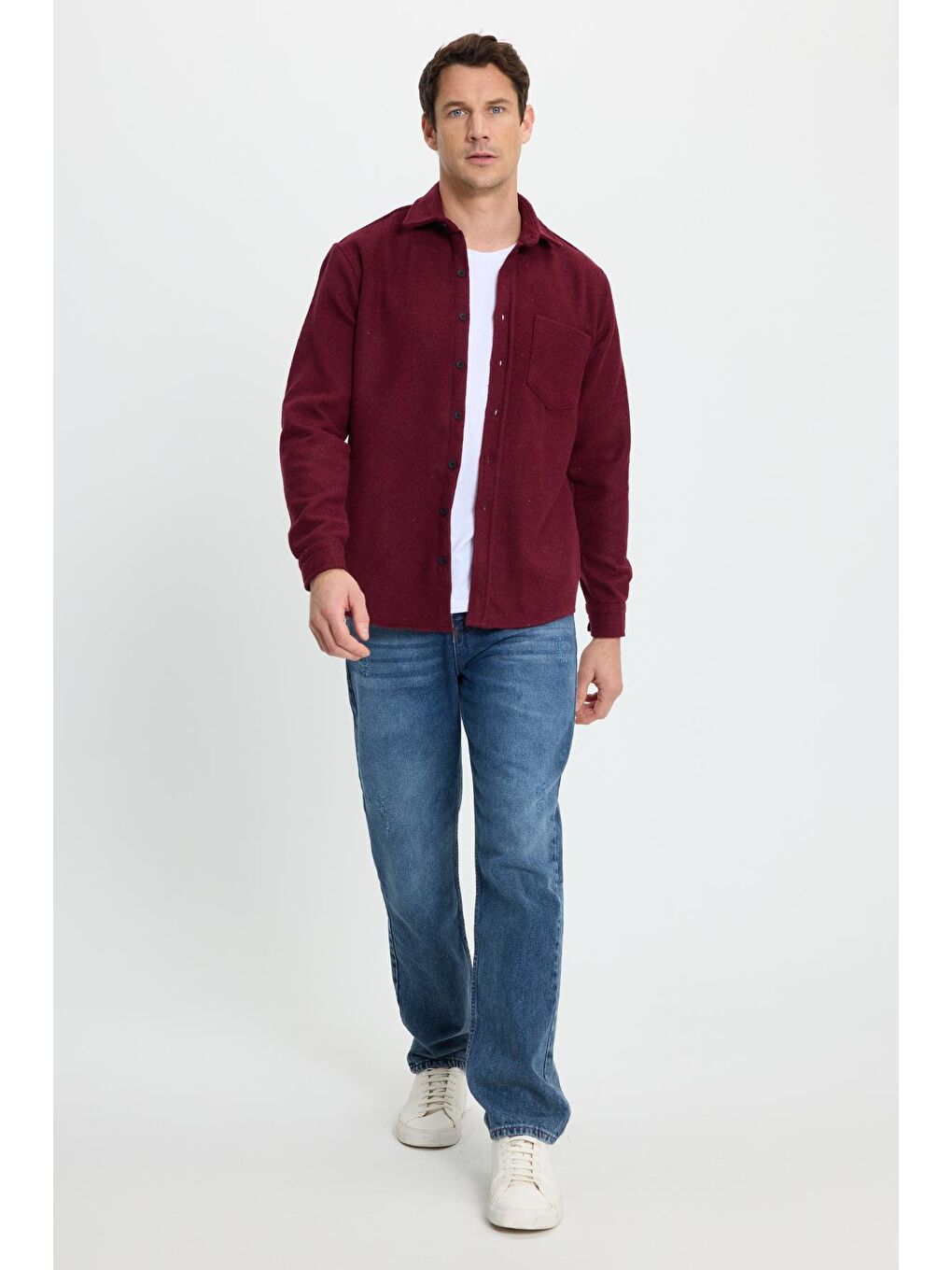Erkek Regular Fit Klasik Kesim Düz Cepli Koyu Bordo Oduncu Gömlek-3