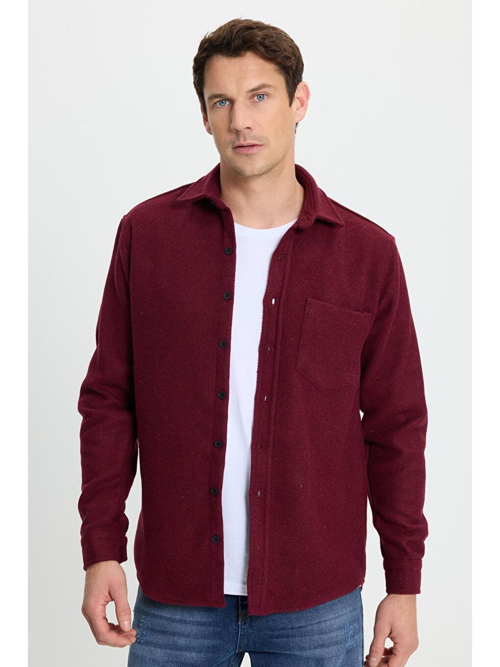Erkek Regular Fit Klasik Kesim Düz Cepli Koyu Bordo Oduncu Gömlek-4