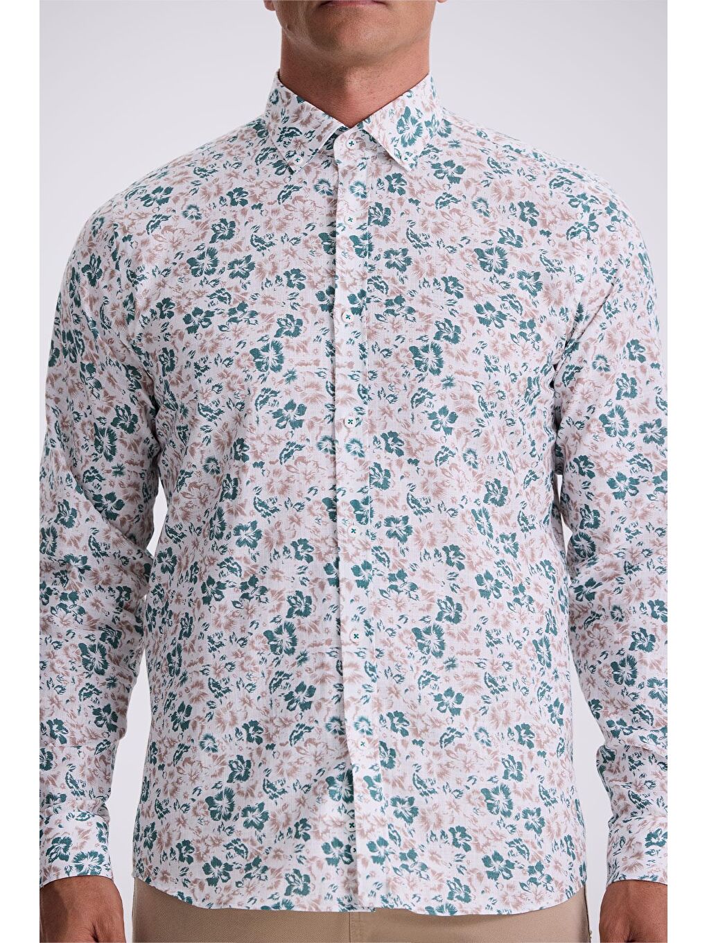 Yeşil Çiçek Desenli Yaka Düğmeli Comfort Fit Gömlek-2