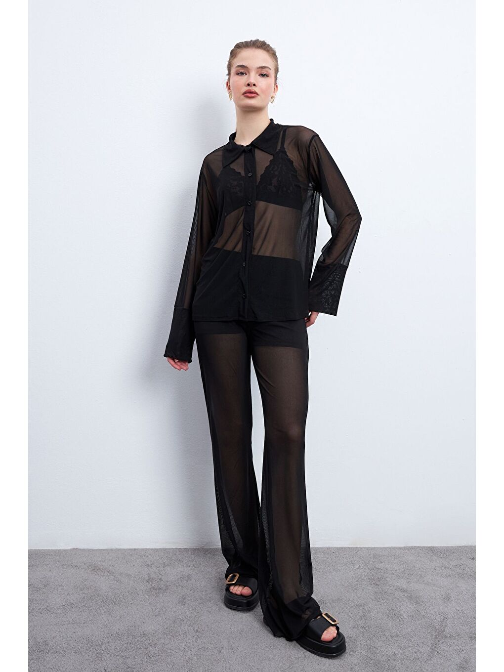 Kadın Siyah Gömlek Pantolon Astarlı Tül Takım