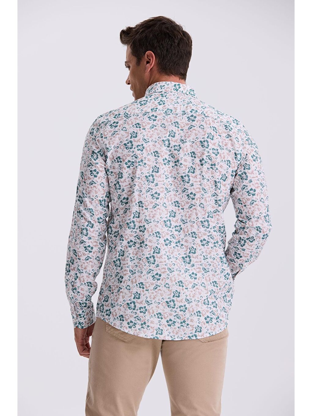 Yeşil Çiçek Desenli Yaka Düğmeli Comfort Fit Gömlek-3