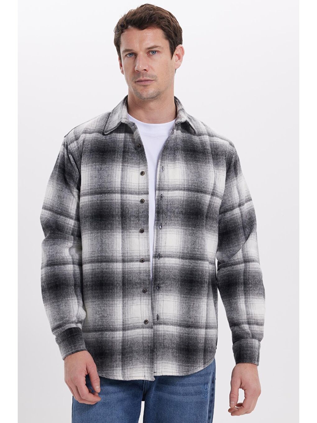 Gri Erkek Relax Fit Rahat Kesim Kışlık Kareli Oduncu Gömlek-1