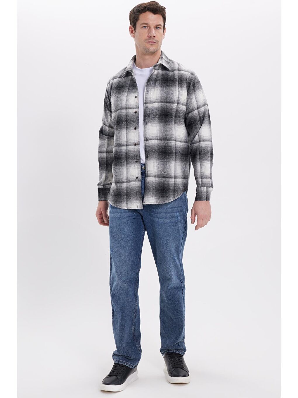 Gri Erkek Relax Fit Rahat Kesim Kışlık Kareli Oduncu Gömlek-2
