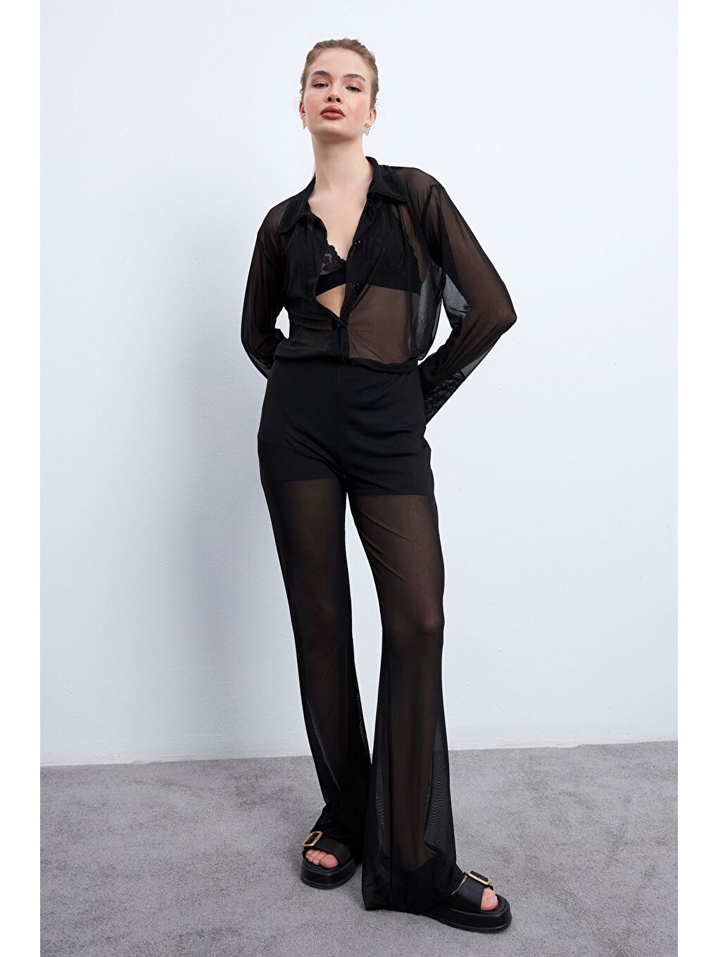 Kadın Siyah Gömlek Pantolon Astarlı Tül Takım-1