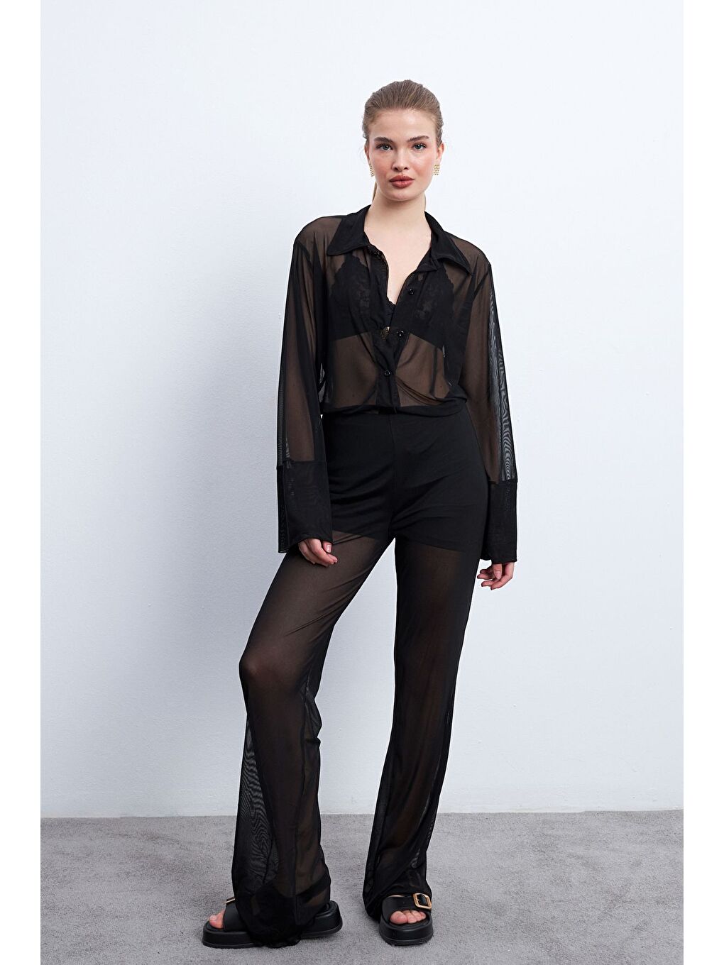 Kadın Siyah Gömlek Pantolon Astarlı Tül Takım-2