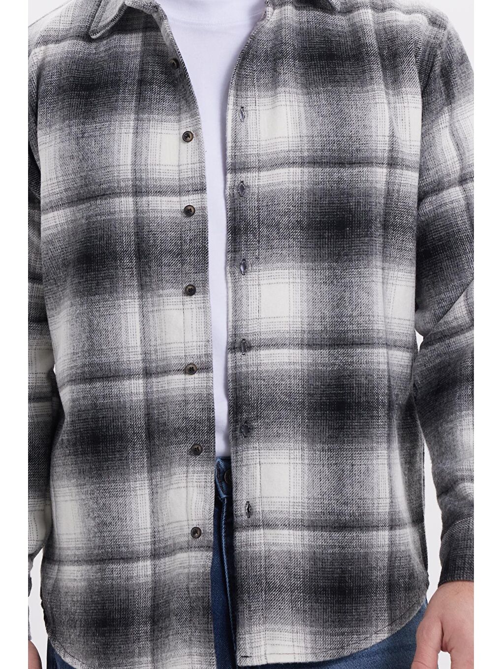 Gri Erkek Relax Fit Rahat Kesim Kışlık Kareli Oduncu Gömlek-3