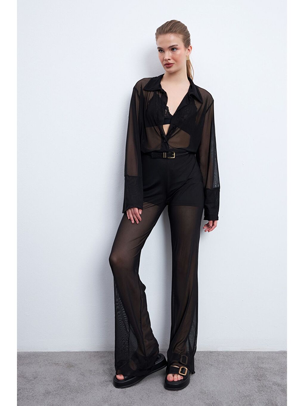 Kadın Siyah Gömlek Pantolon Astarlı Tül Takım-4