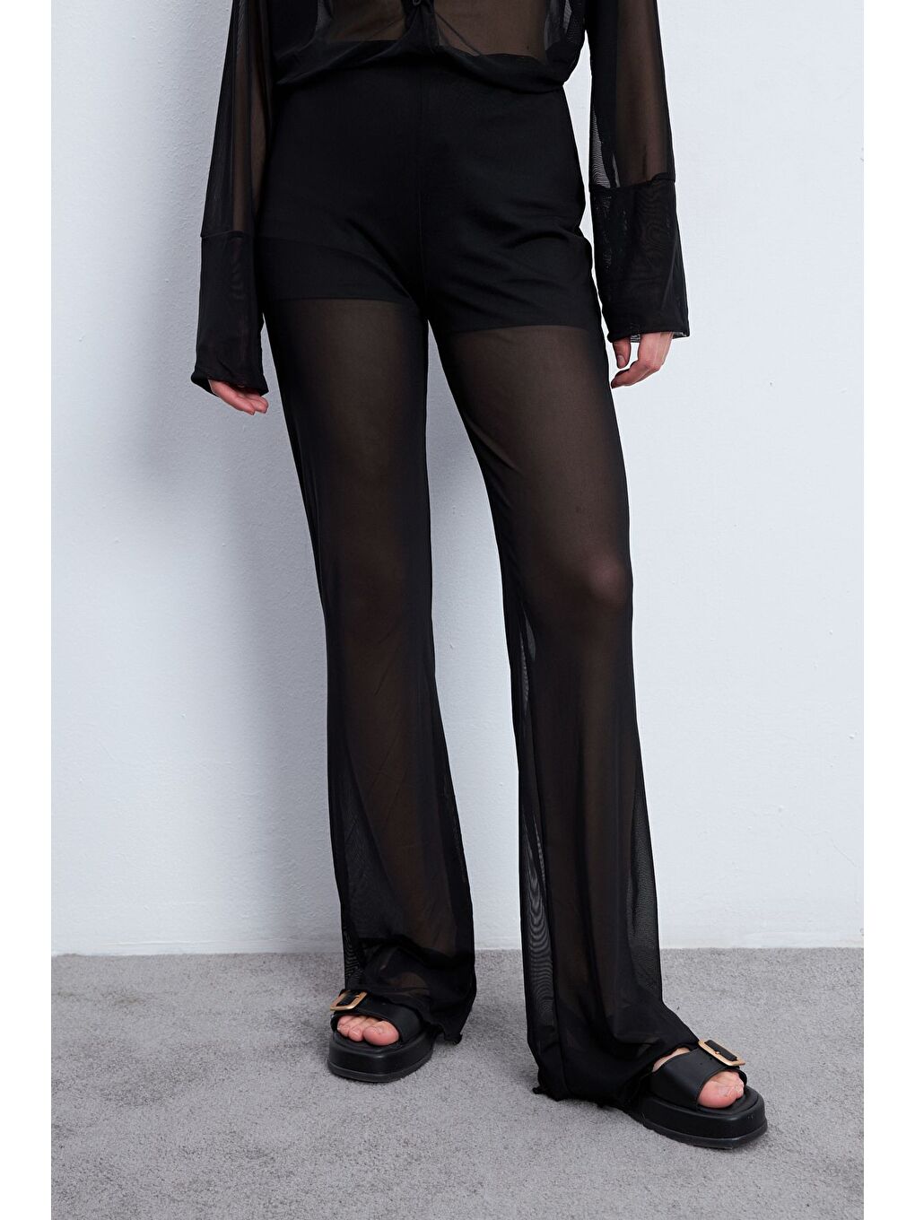 Kadın Siyah Gömlek Pantolon Astarlı Tül Takım-5