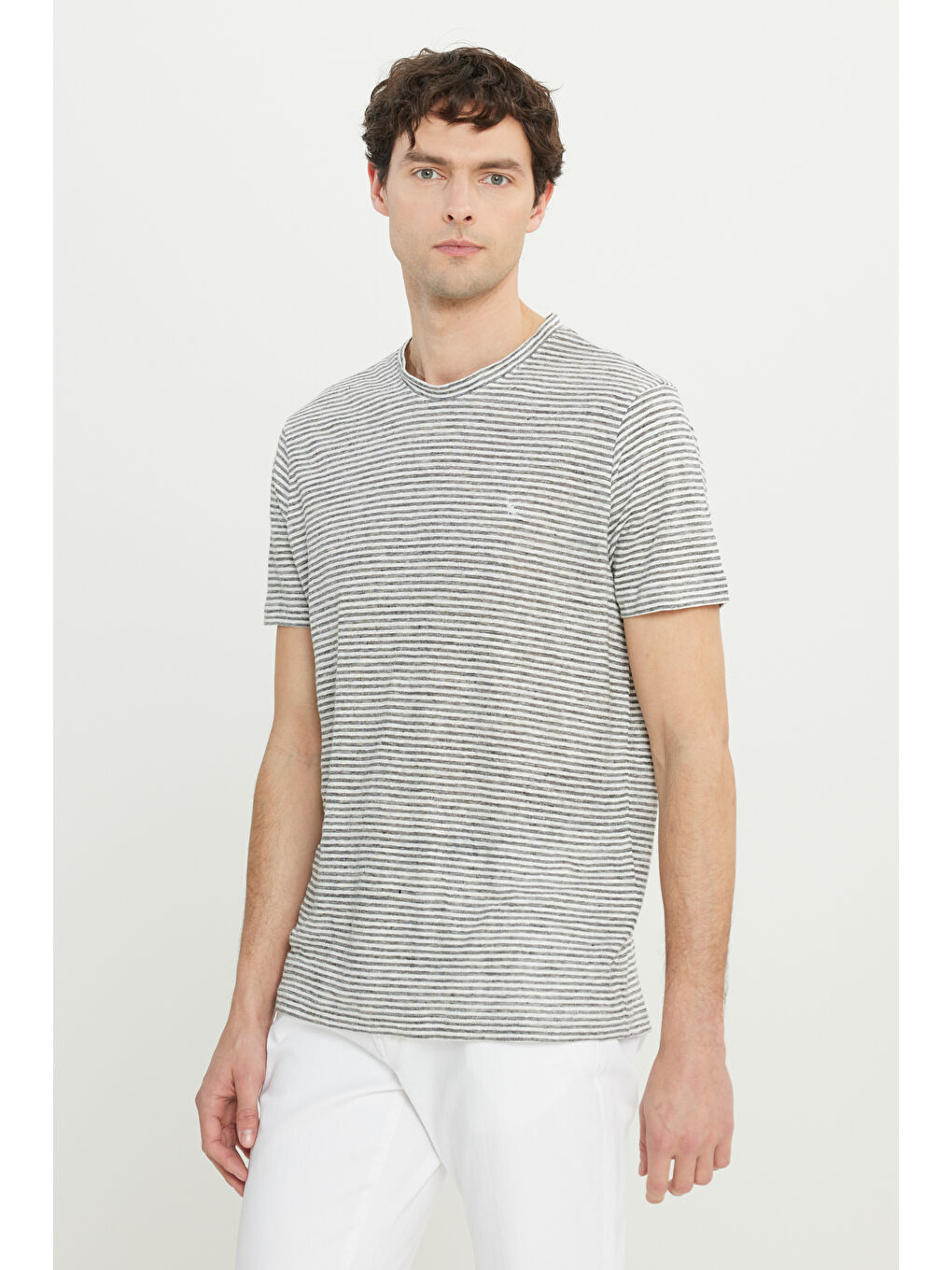 Erkek Gri-Ekru %100 Keten Slim Fit Dar Kesim Çizgili Bisiklet Yaka Tişört