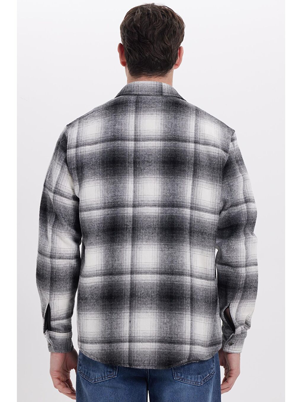 Gri Erkek Relax Fit Rahat Kesim Kışlık Kareli Oduncu Gömlek-5