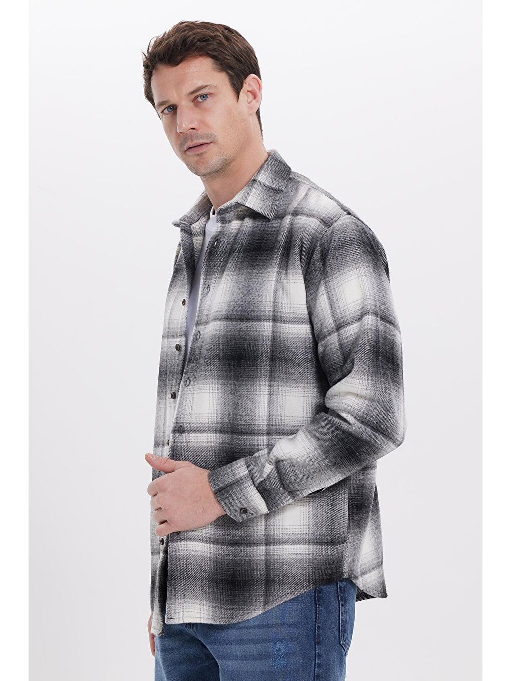 Gri Erkek Relax Fit Rahat Kesim Kışlık Kareli Oduncu Gömlek-6