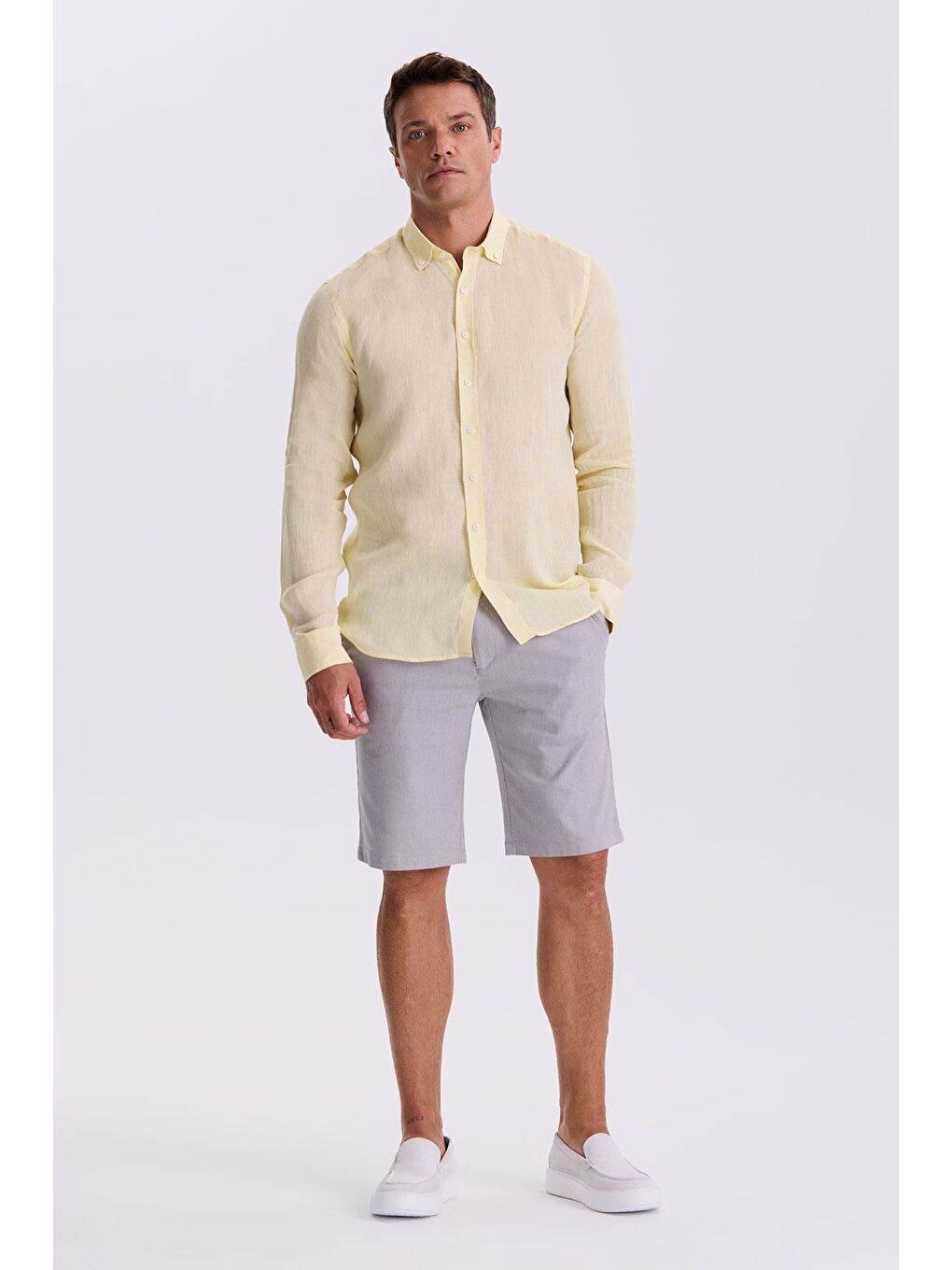 Sarı %100 Keten Düğmeli Yaka Comfort Fit Gömlek