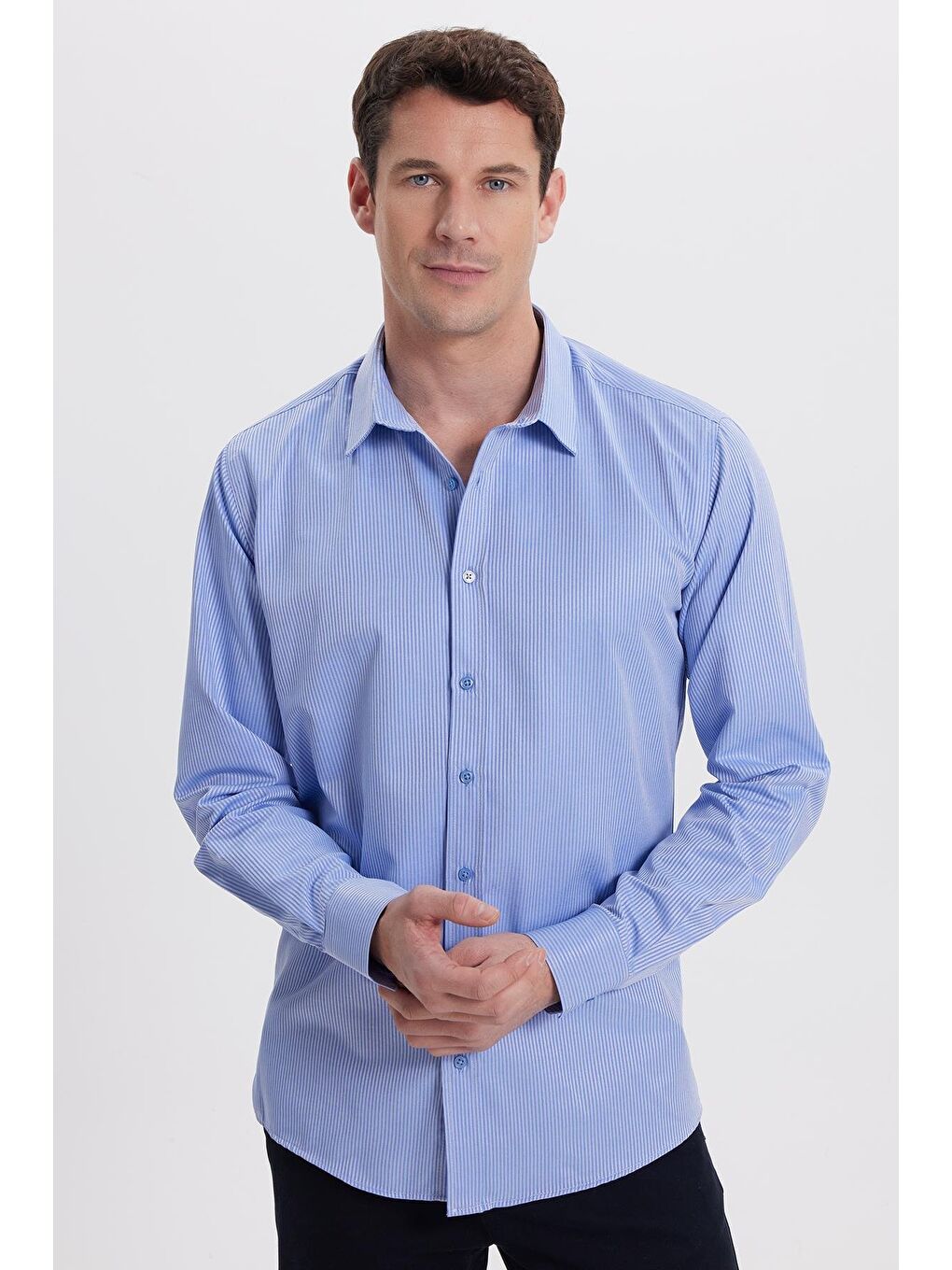 Modern Slim Fit Uzun Kollu Pamuklu Kolay Ütü Armürlü Saks Mavi Erkek Gömlek