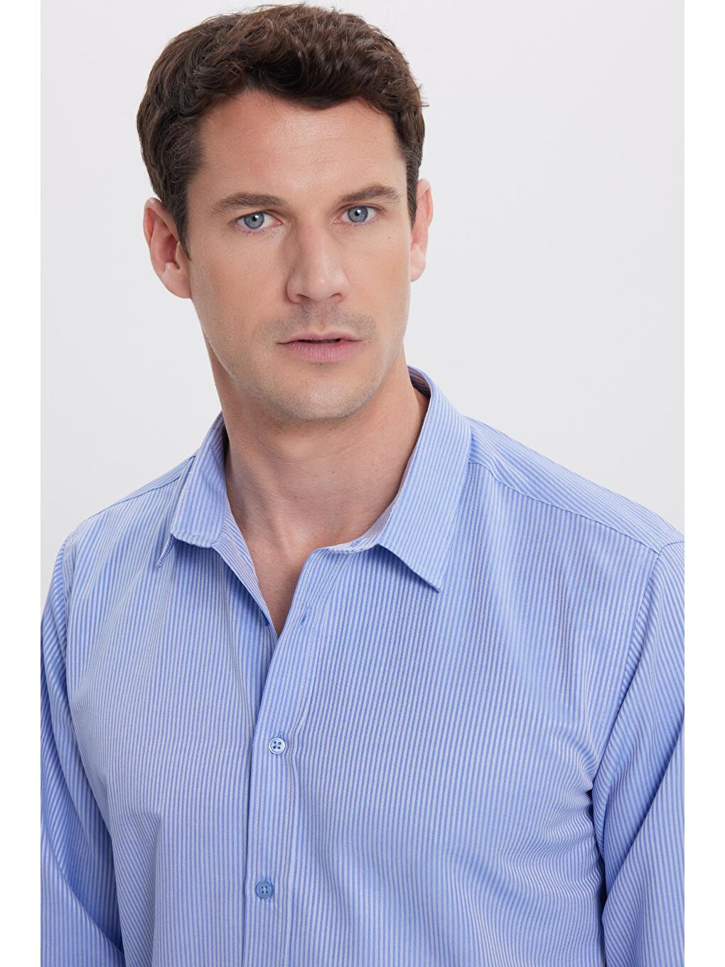 Modern Slim Fit Uzun Kollu Pamuklu Kolay Ütü Armürlü Saks Mavi Erkek Gömlek-1