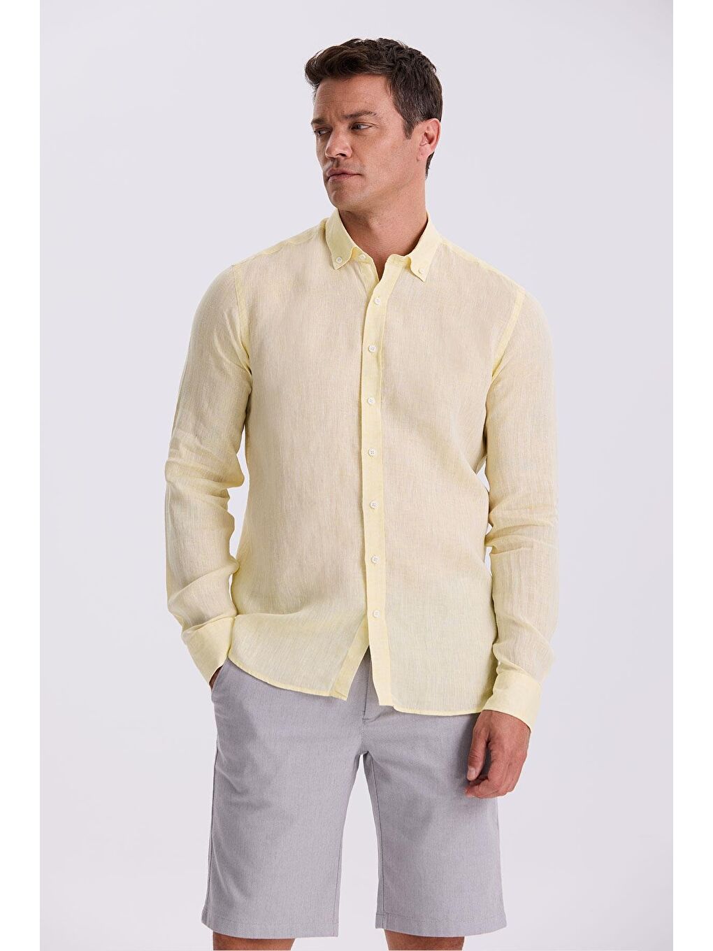 Sarı %100 Keten Düğmeli Yaka Comfort Fit Gömlek-1