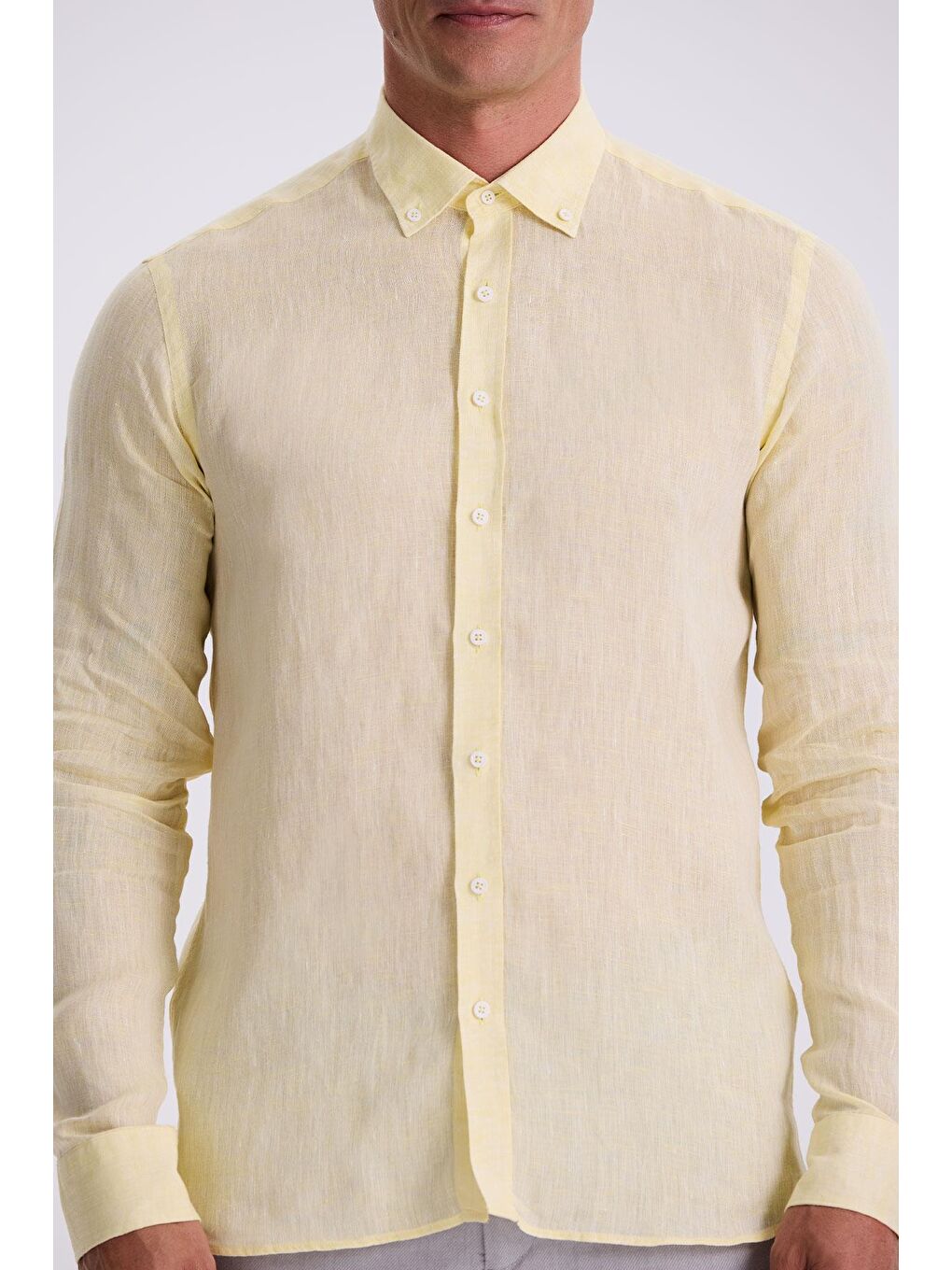 Sarı %100 Keten Düğmeli Yaka Comfort Fit Gömlek-2