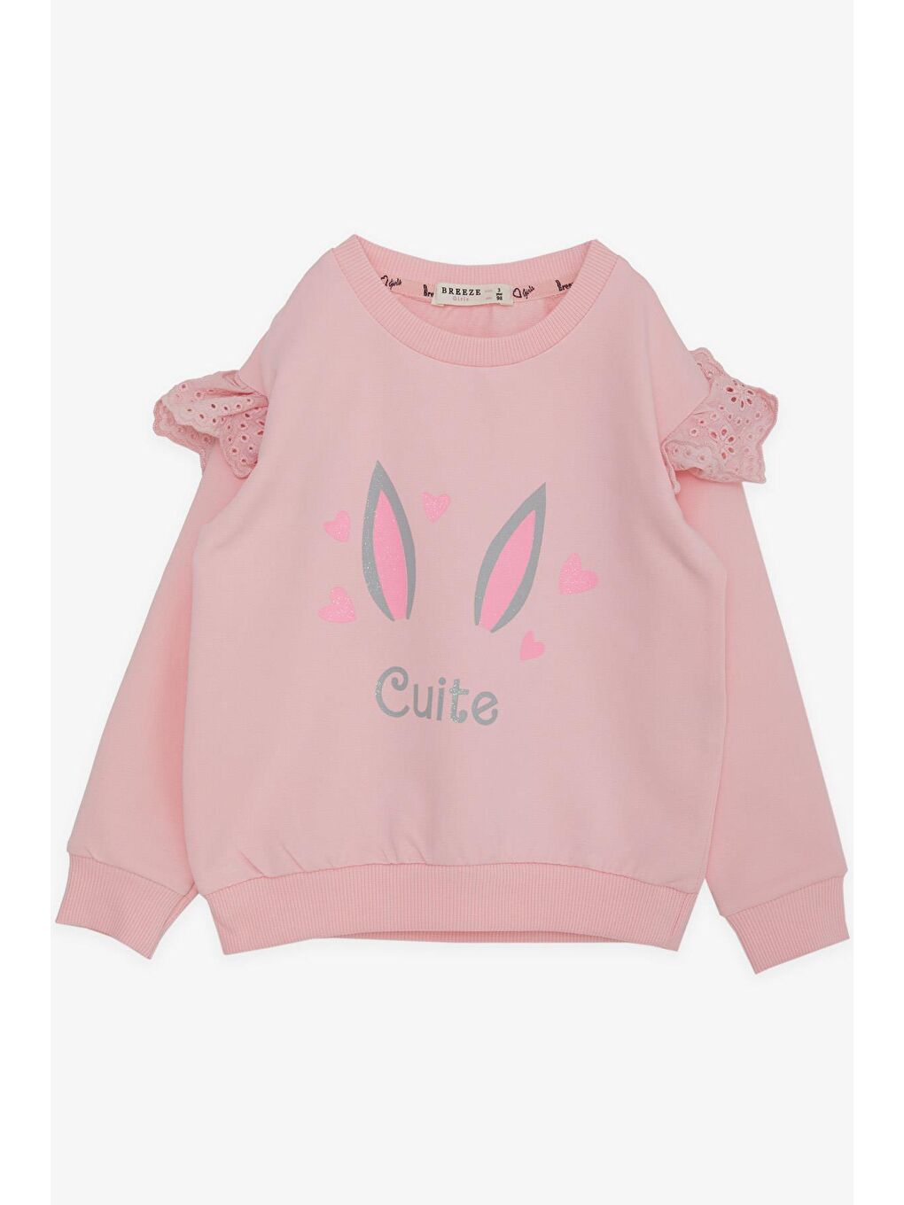 Breeze Pembe Kız Çocuk Sweatshirt Omuzu Güpürlü Simli Kalp Baskılı Pembe (2-3 Yaş)