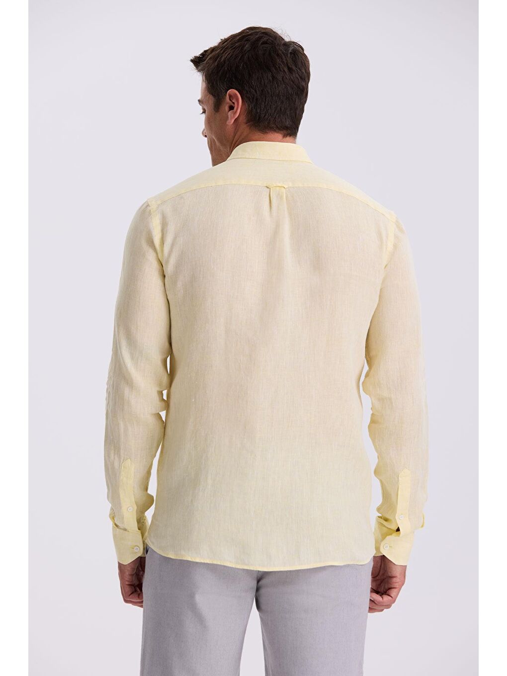 Sarı %100 Keten Düğmeli Yaka Comfort Fit Gömlek-3