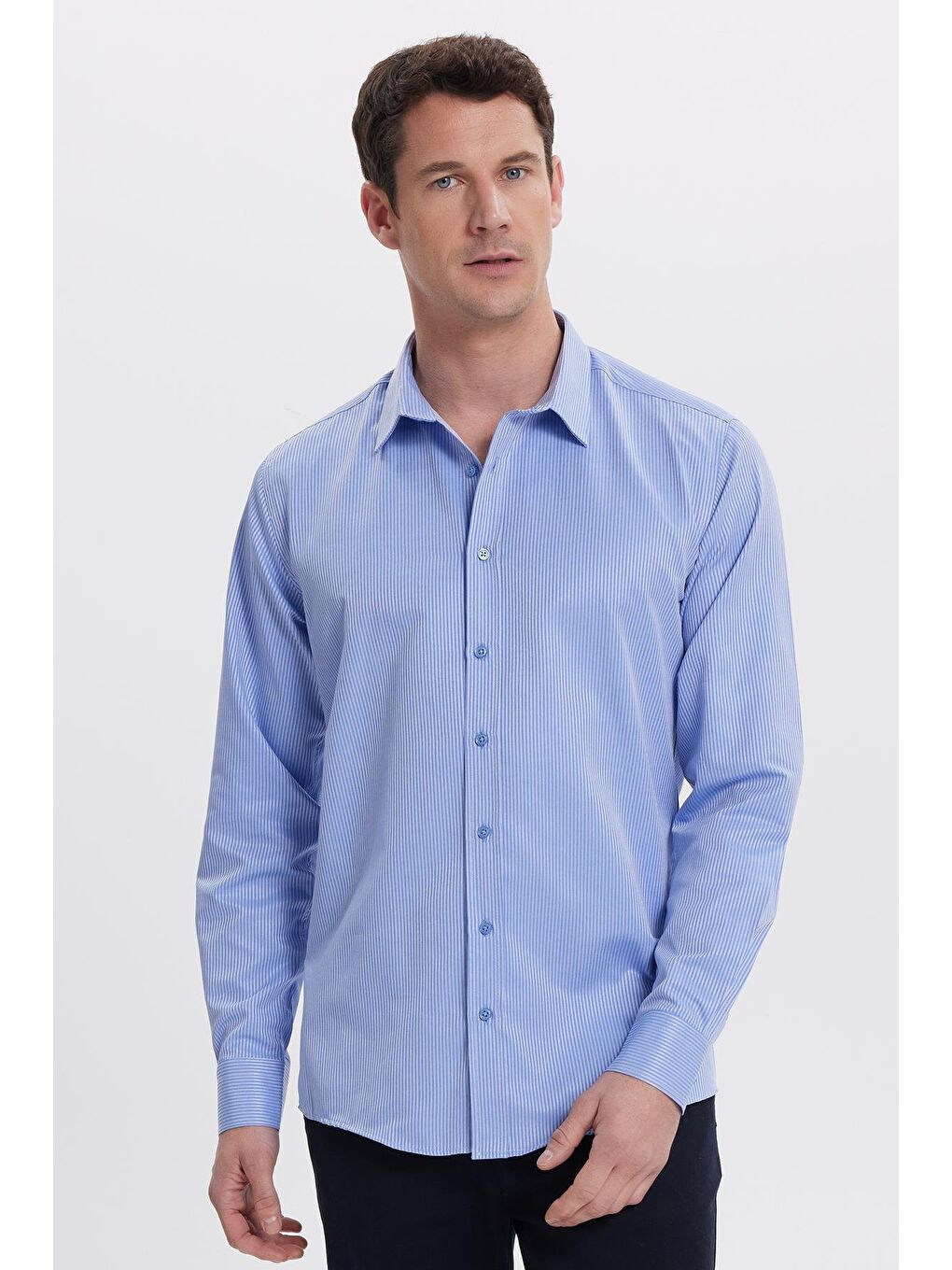 Modern Slim Fit Uzun Kollu Pamuklu Kolay Ütü Armürlü Saks Mavi Erkek Gömlek-3