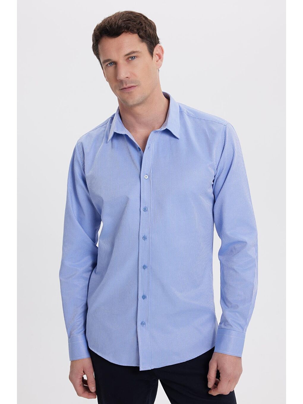 Modern Slim Fit Uzun Kollu Pamuklu Kolay Ütü Armürlü Saks Mavi Erkek Gömlek-5