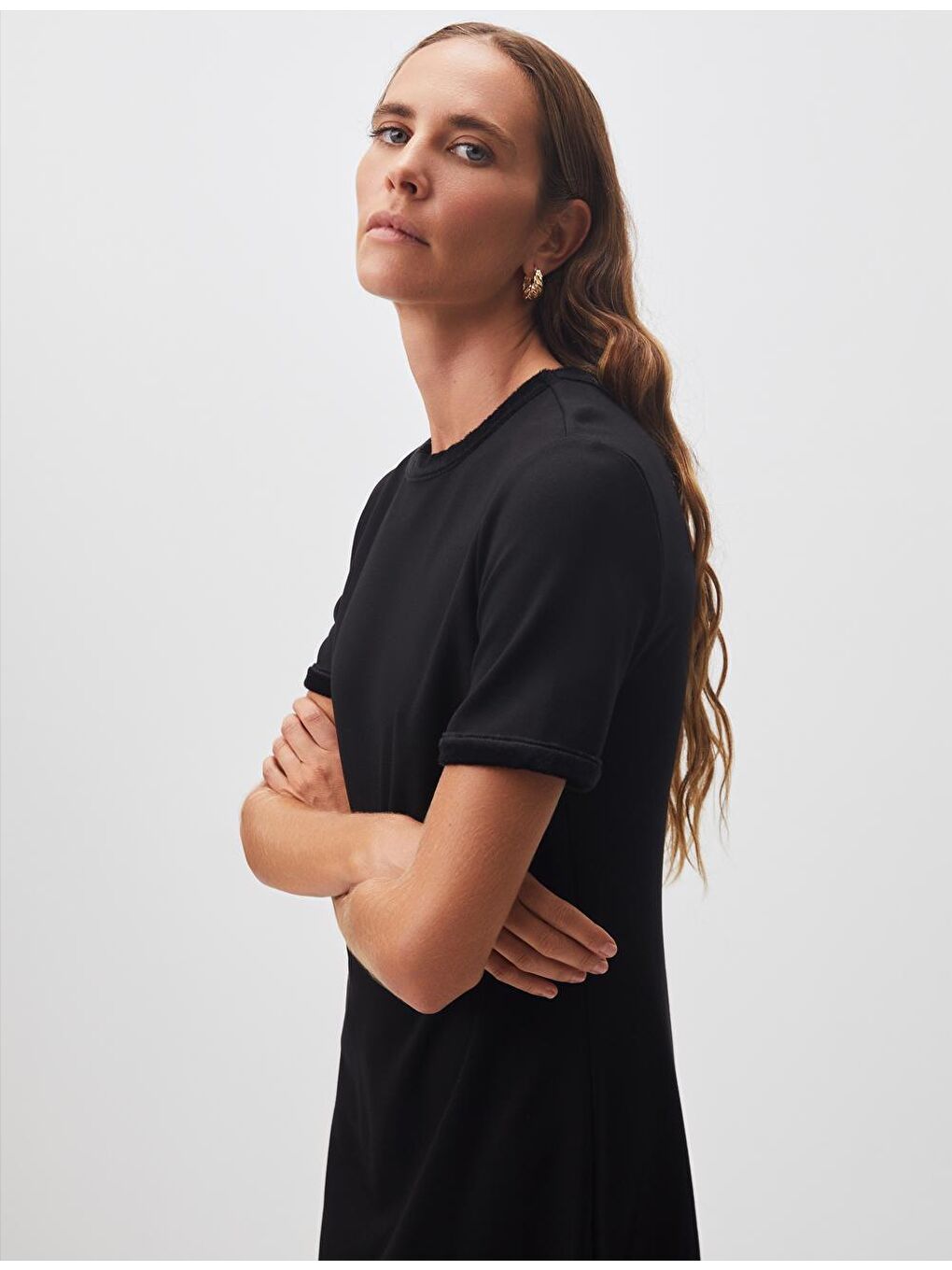 Siyah Bisiklet Yaka Kısa Kollu Basic Mini Elbise-1