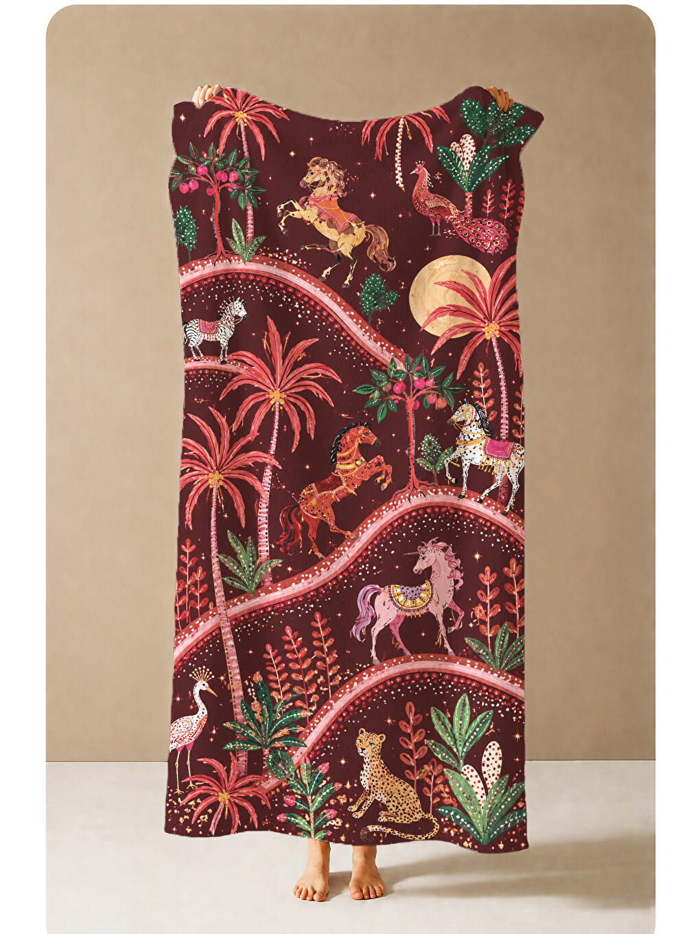 Yeşil Art Deco Flamingo Palmiye Ve Botanik Desenli 70x150 Plaj Havlusu - Dijital Baskılı Banyo Havlusu