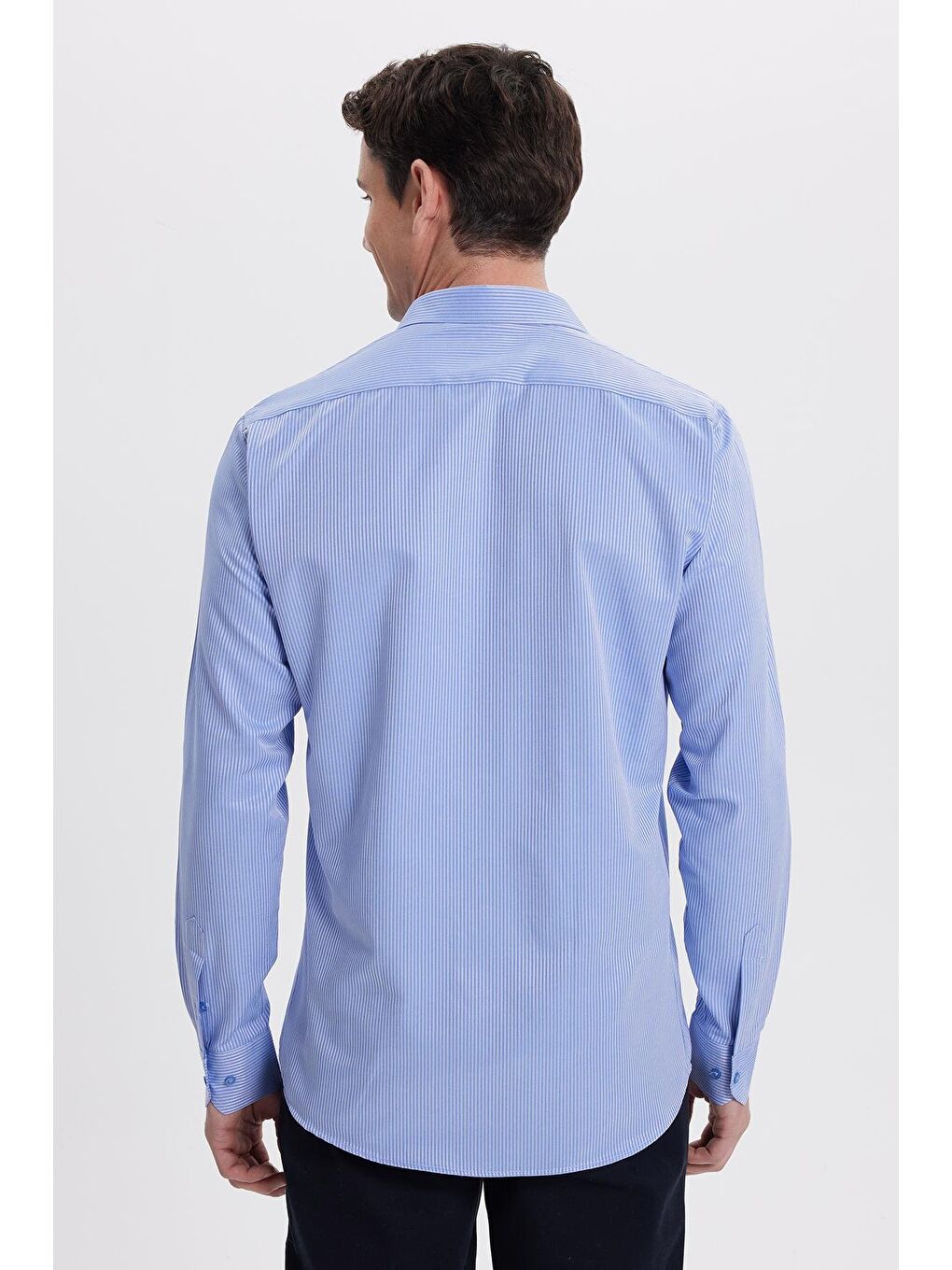 Modern Slim Fit Uzun Kollu Pamuklu Kolay Ütü Armürlü Saks Mavi Erkek Gömlek-7