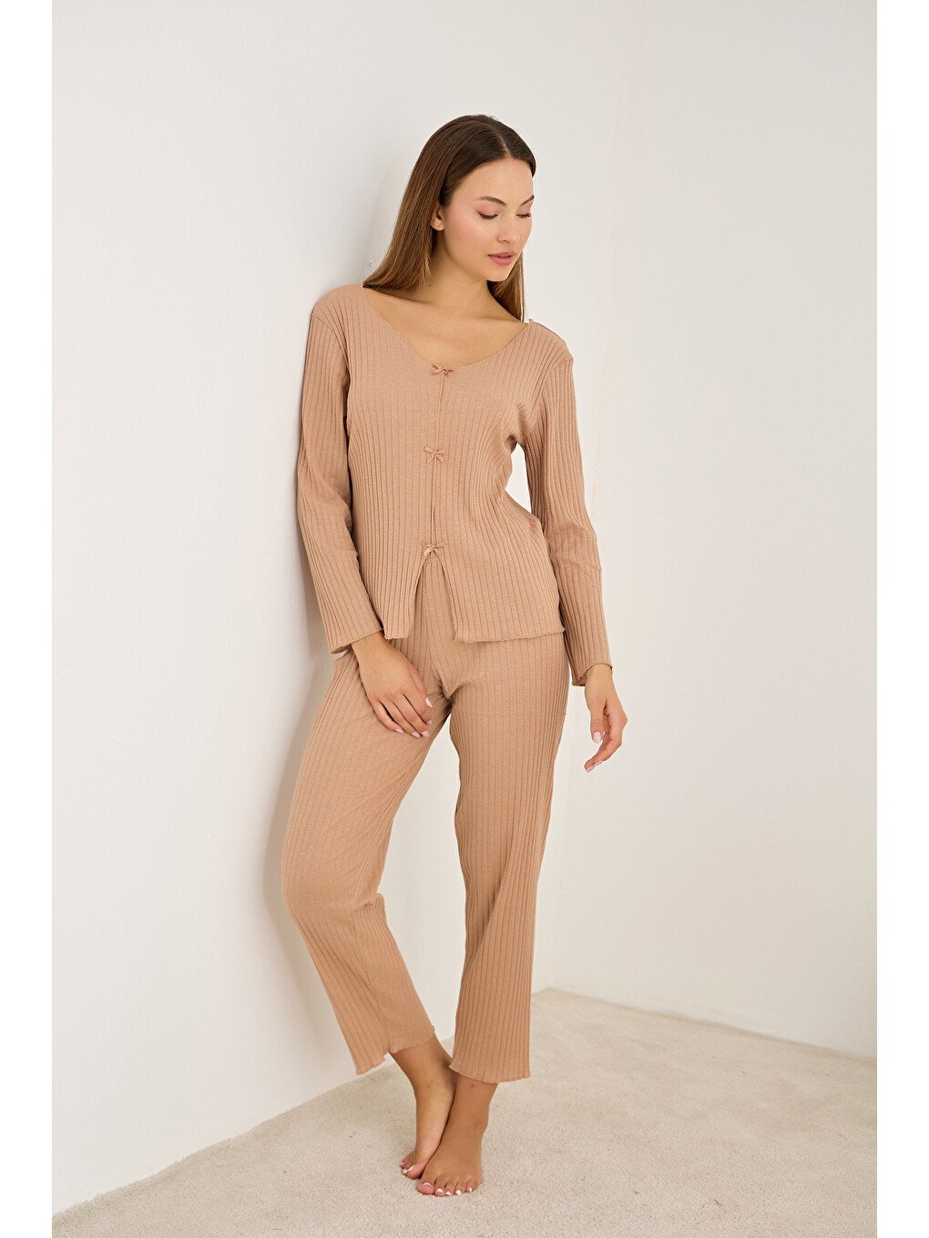 Bej Vizon Fiyonklu Fitilli Kaşkorse Uzun Kollu Pijama Takım 7937-1