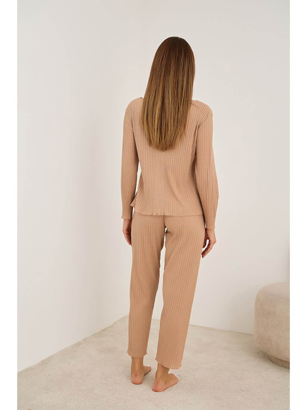 Bej Vizon Fiyonklu Fitilli Kaşkorse Uzun Kollu Pijama Takım 7937-2