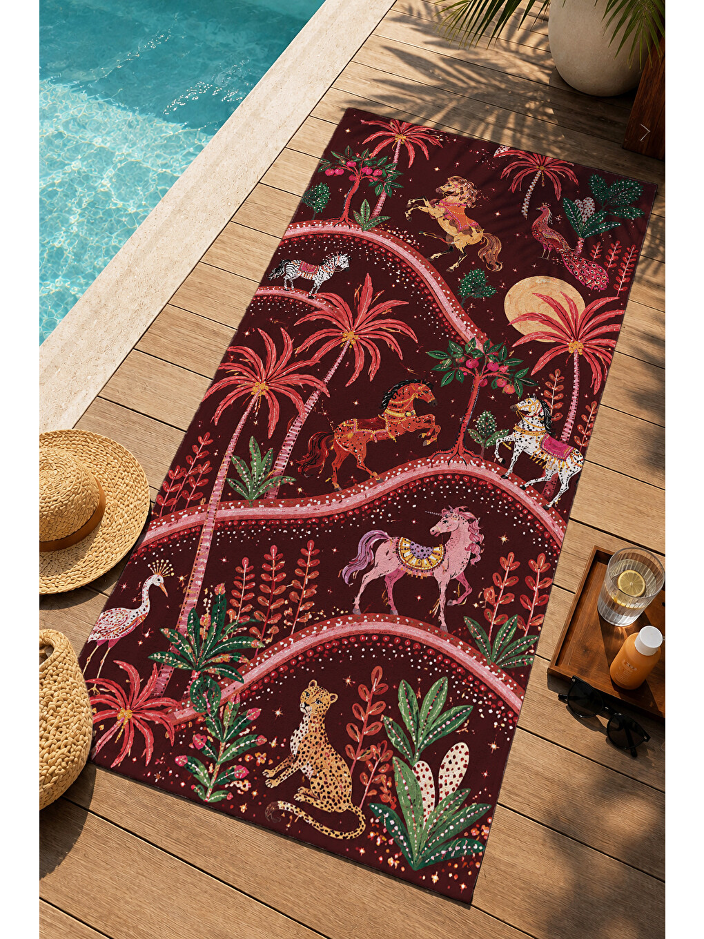 Yeşil Art Deco Flamingo Palmiye Ve Botanik Desenli 70x150 Plaj Havlusu - Dijital Baskılı Banyo Havlusu-1