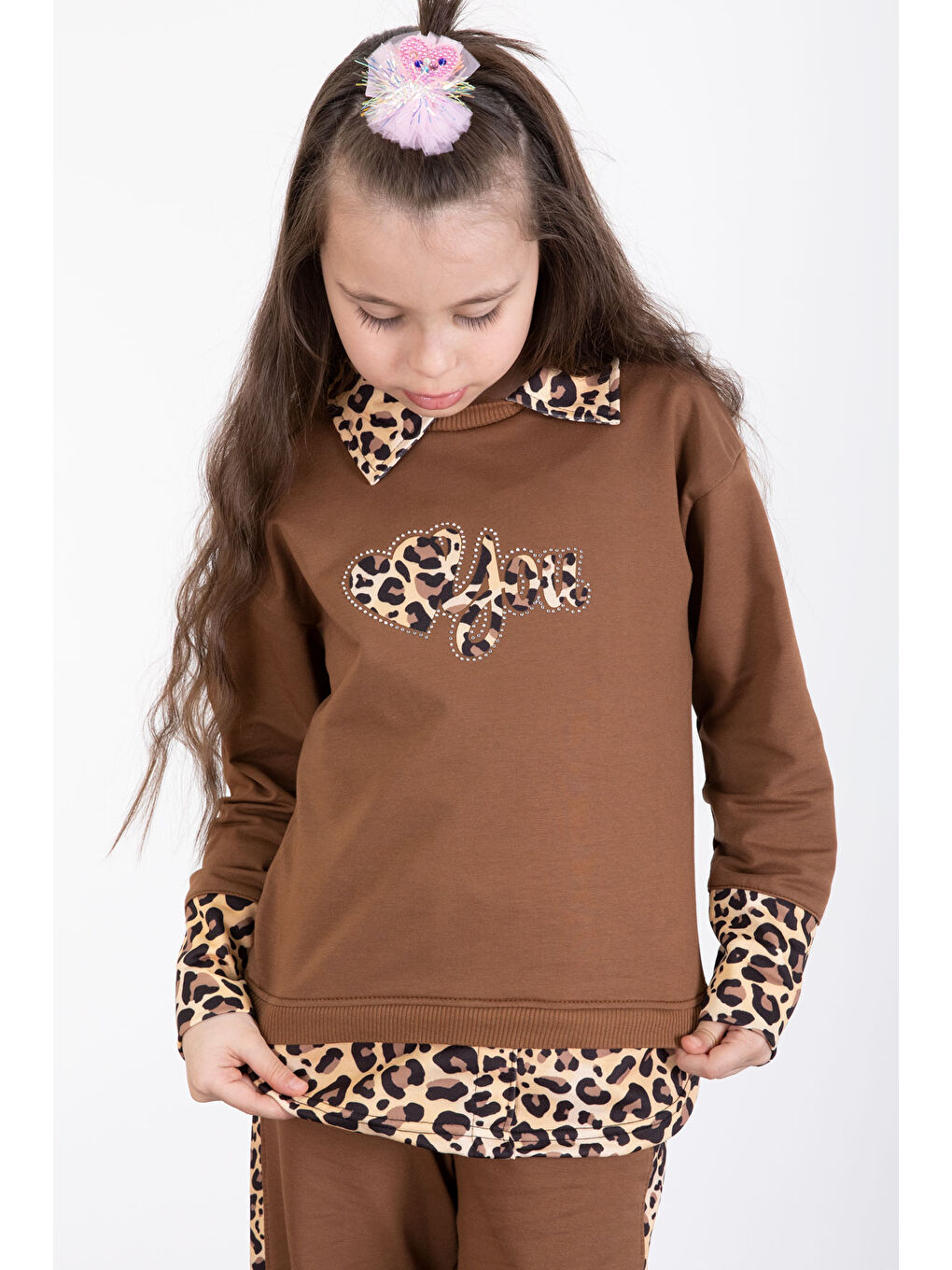 Kahverengi Kahve Leopar Şerit Detaylı Kalpli Kız Çocuk Alt Üst 2li Takım 20524-1
