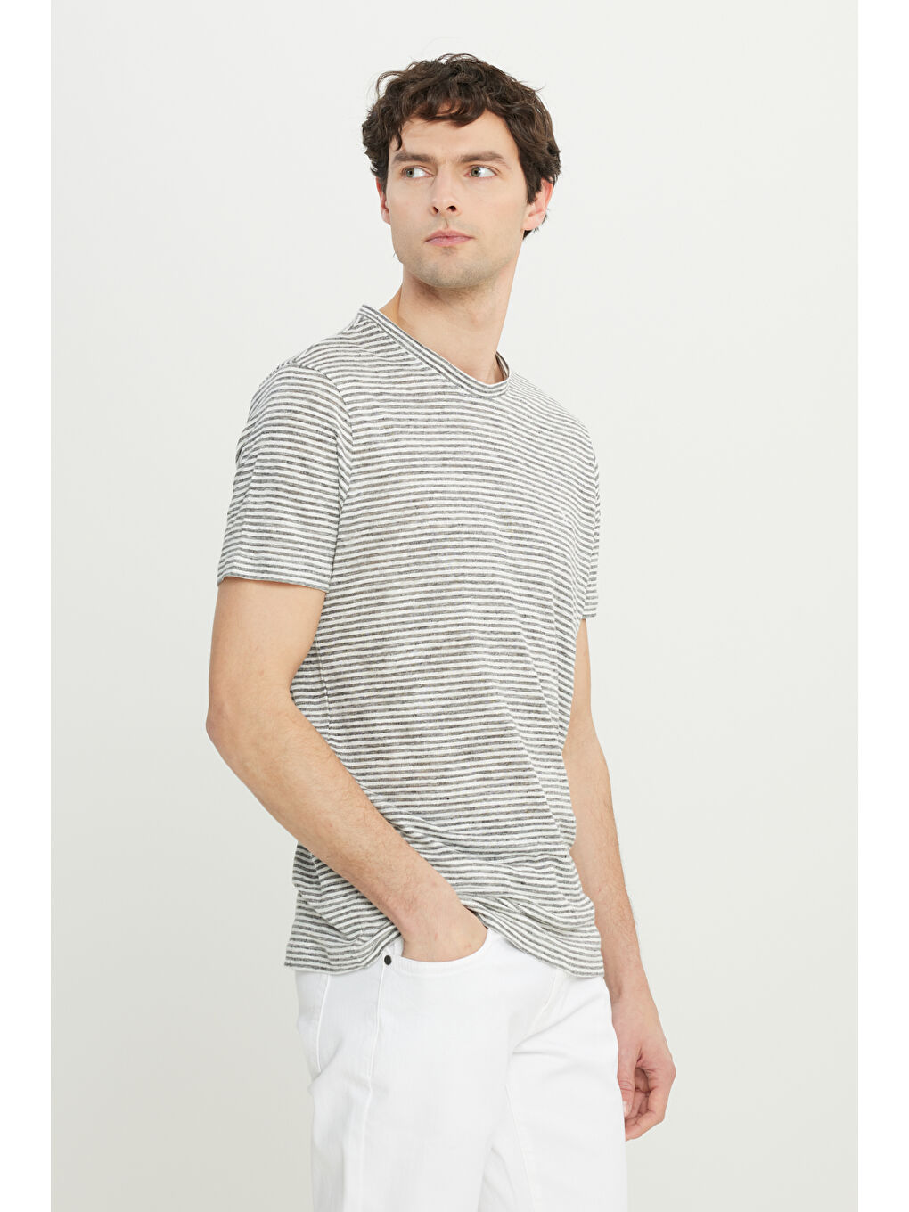 Erkek Gri-Ekru %100 Keten Slim Fit Dar Kesim Çizgili Bisiklet Yaka Tişört-2