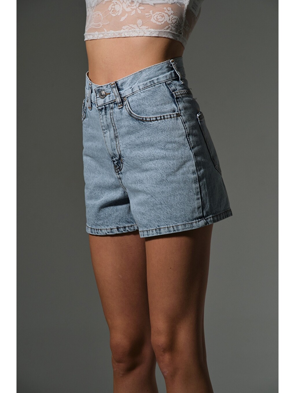Beyaz Kadın Mini Jean Şort, Yüksek Bel, Fermuarlı, 5 cep %100 pamuk Denim Jean @Potenza-2