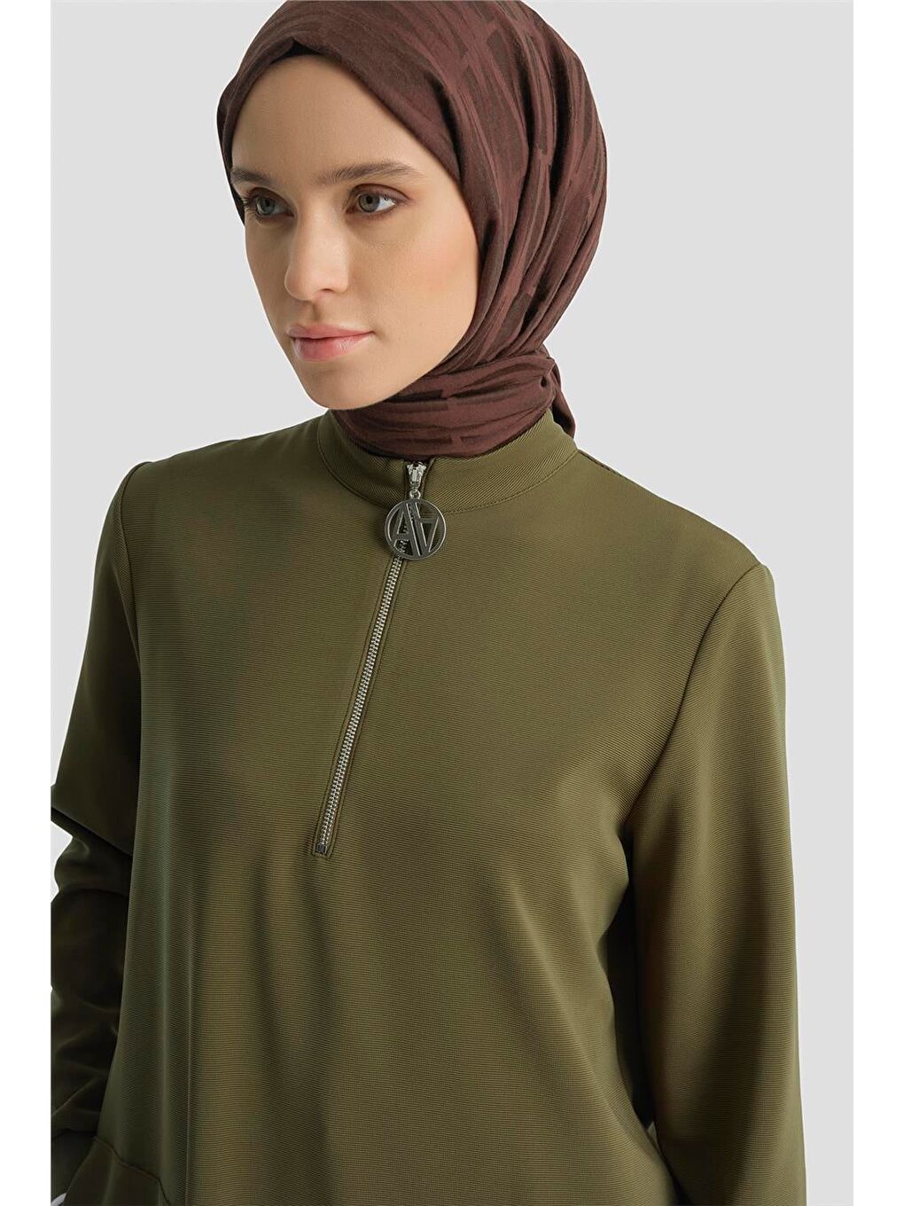 Fermuar Detaylı Tunik Yağ Yeşili