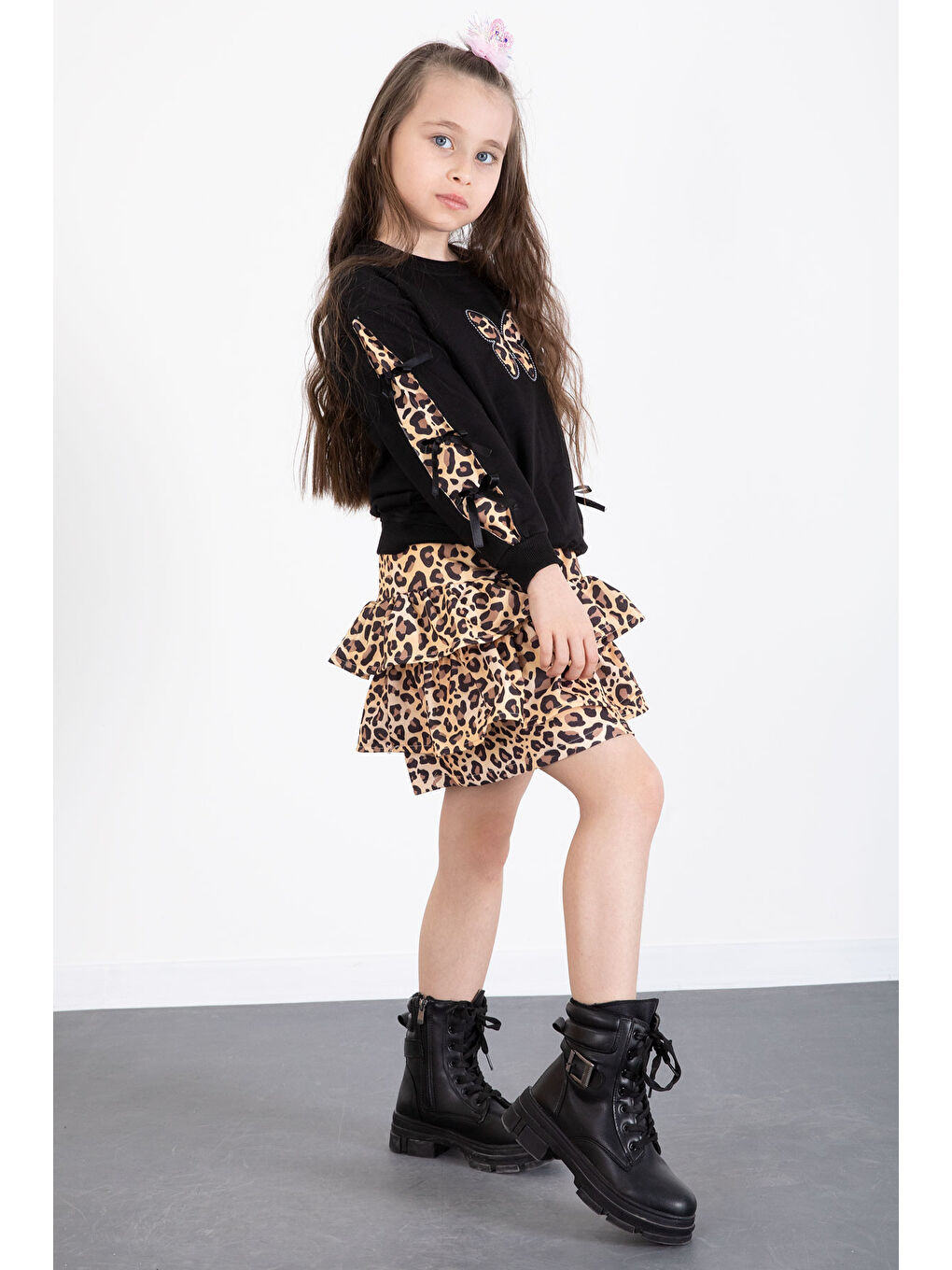 Siyah Kelebek Desenli Badili Leopar Etekli Kız Çocuk Alt Üst Takım 20521