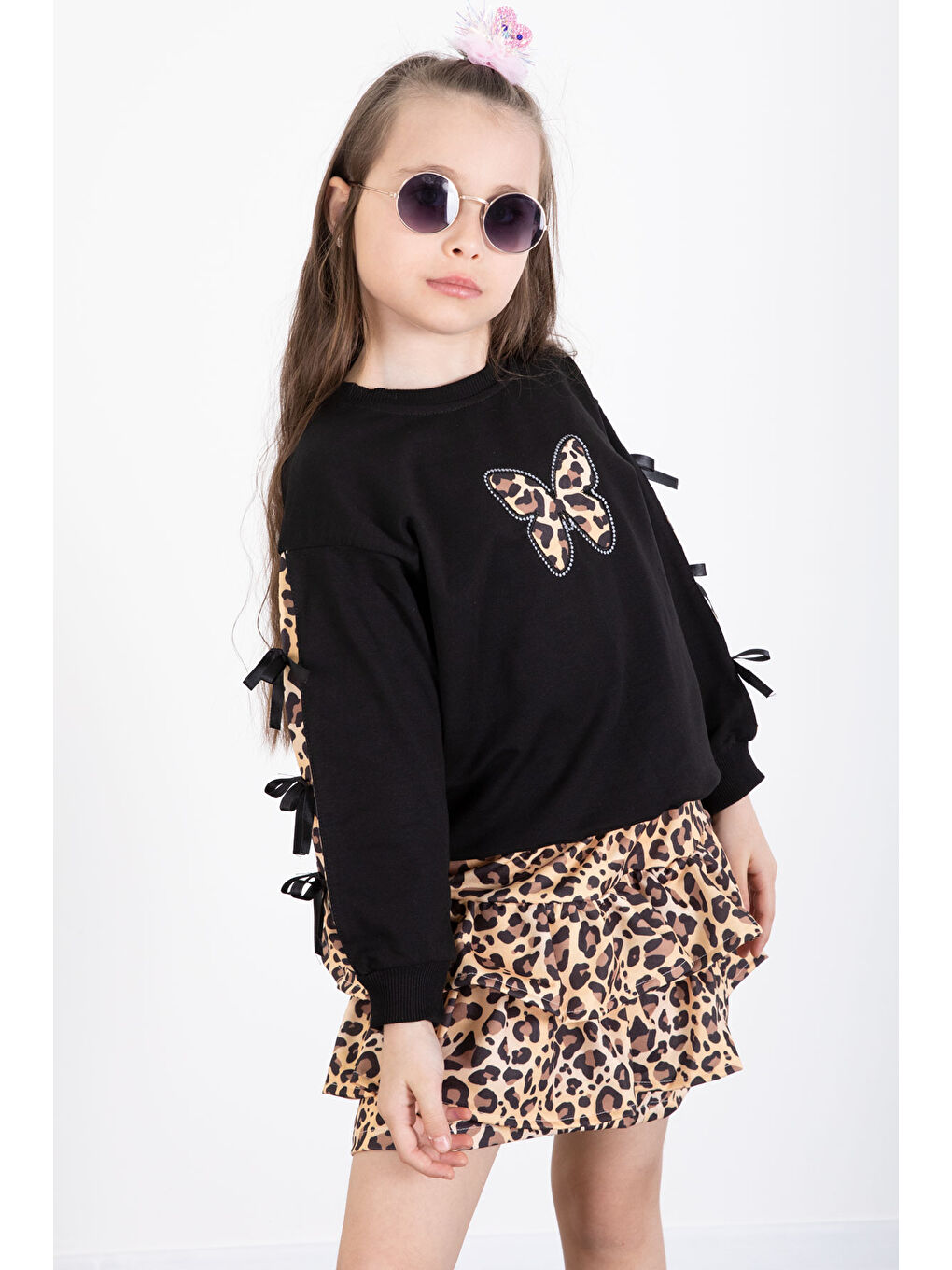 Siyah Kelebek Desenli Badili Leopar Etekli Kız Çocuk Alt Üst Takım 20521-1
