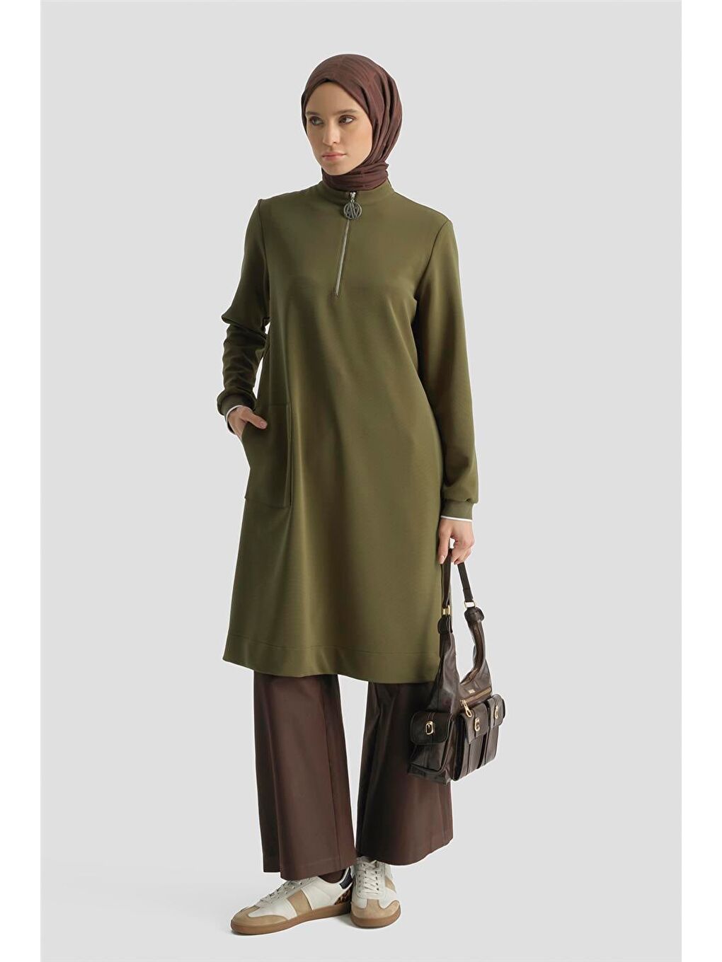 Fermuar Detaylı Tunik Yağ Yeşili-1