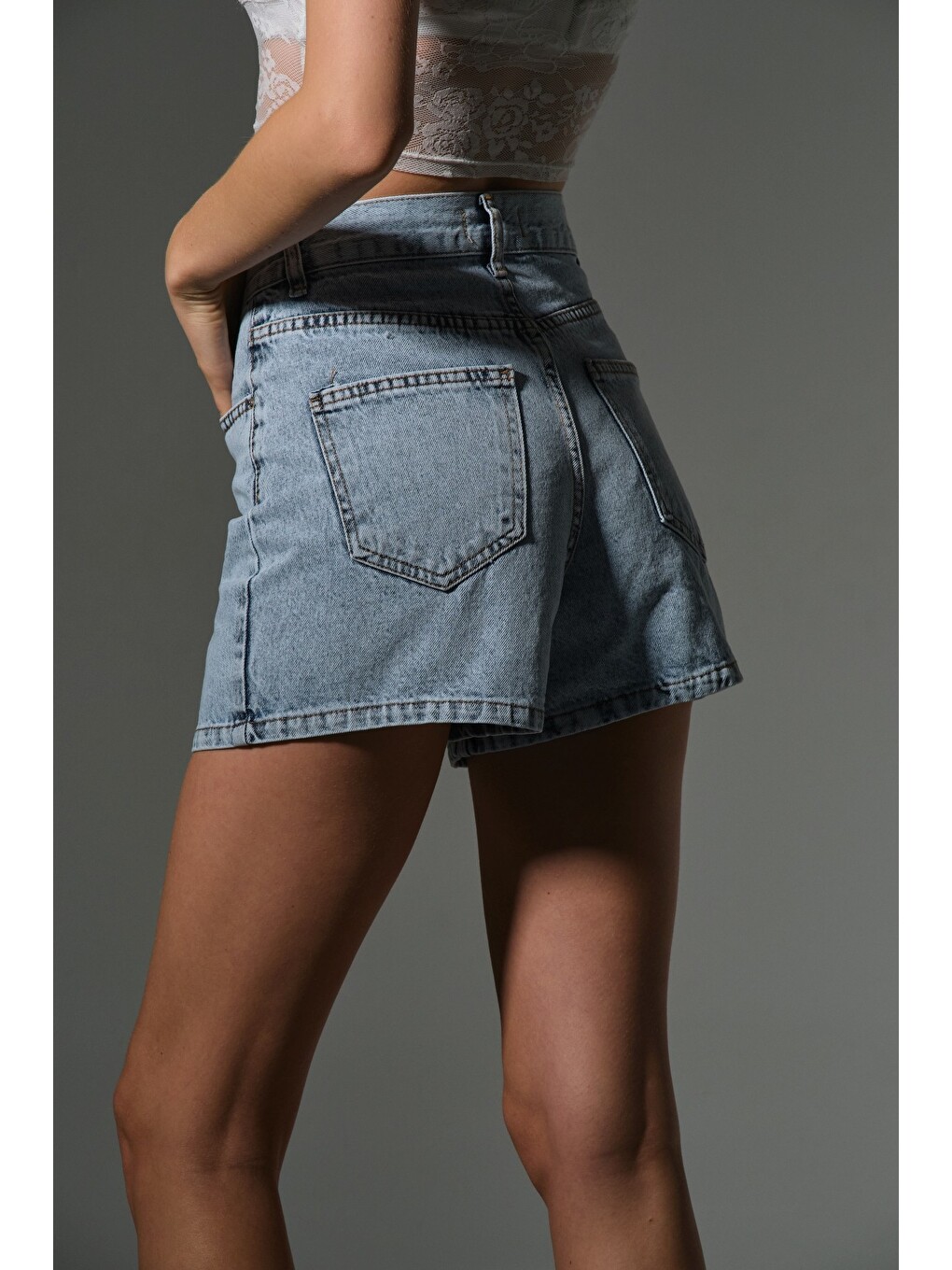 Beyaz Kadın Mini Jean Şort, Yüksek Bel, Fermuarlı, 5 cep %100 pamuk Denim Jean @Potenza-4