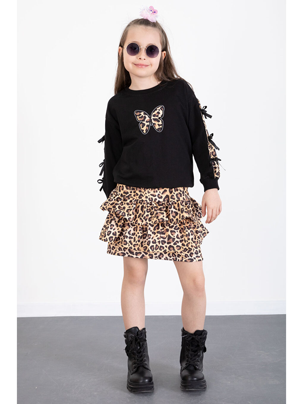 Siyah Kelebek Desenli Badili Leopar Etekli Kız Çocuk Alt Üst Takım 20521-2