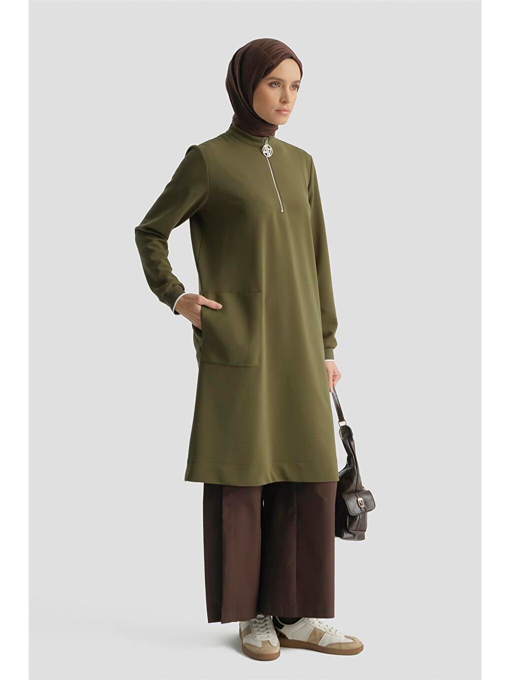 Fermuar Detaylı Tunik Yağ Yeşili-2