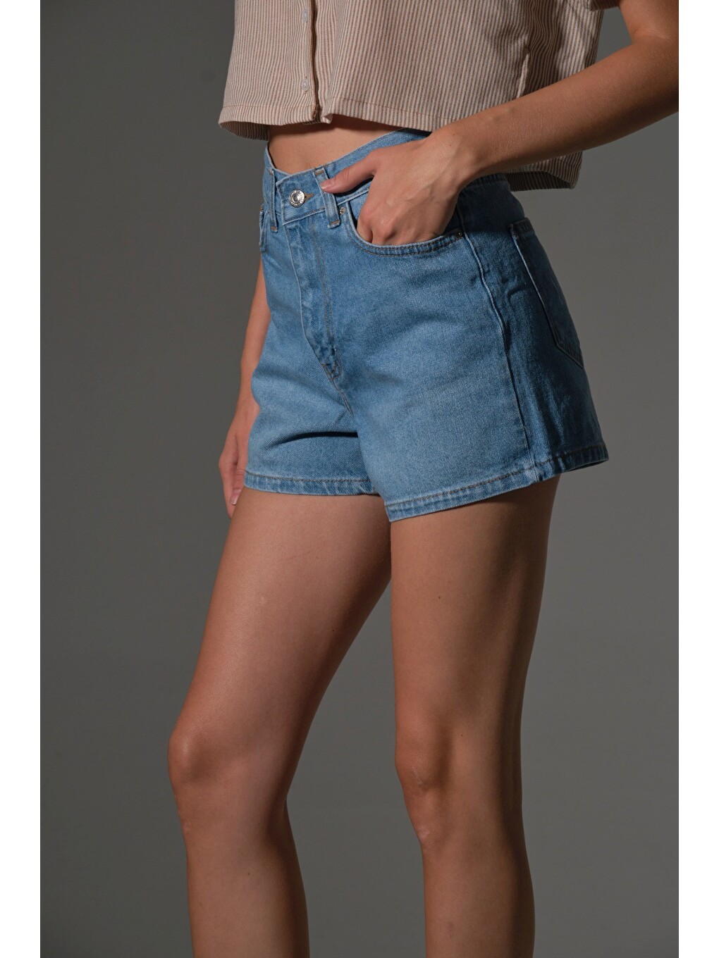 Mavi Kadın Mini Jean Şort, Yüksek Bel, Fermuarlı, 5 cep %100 pamuk Denim Jean @Potenza-1