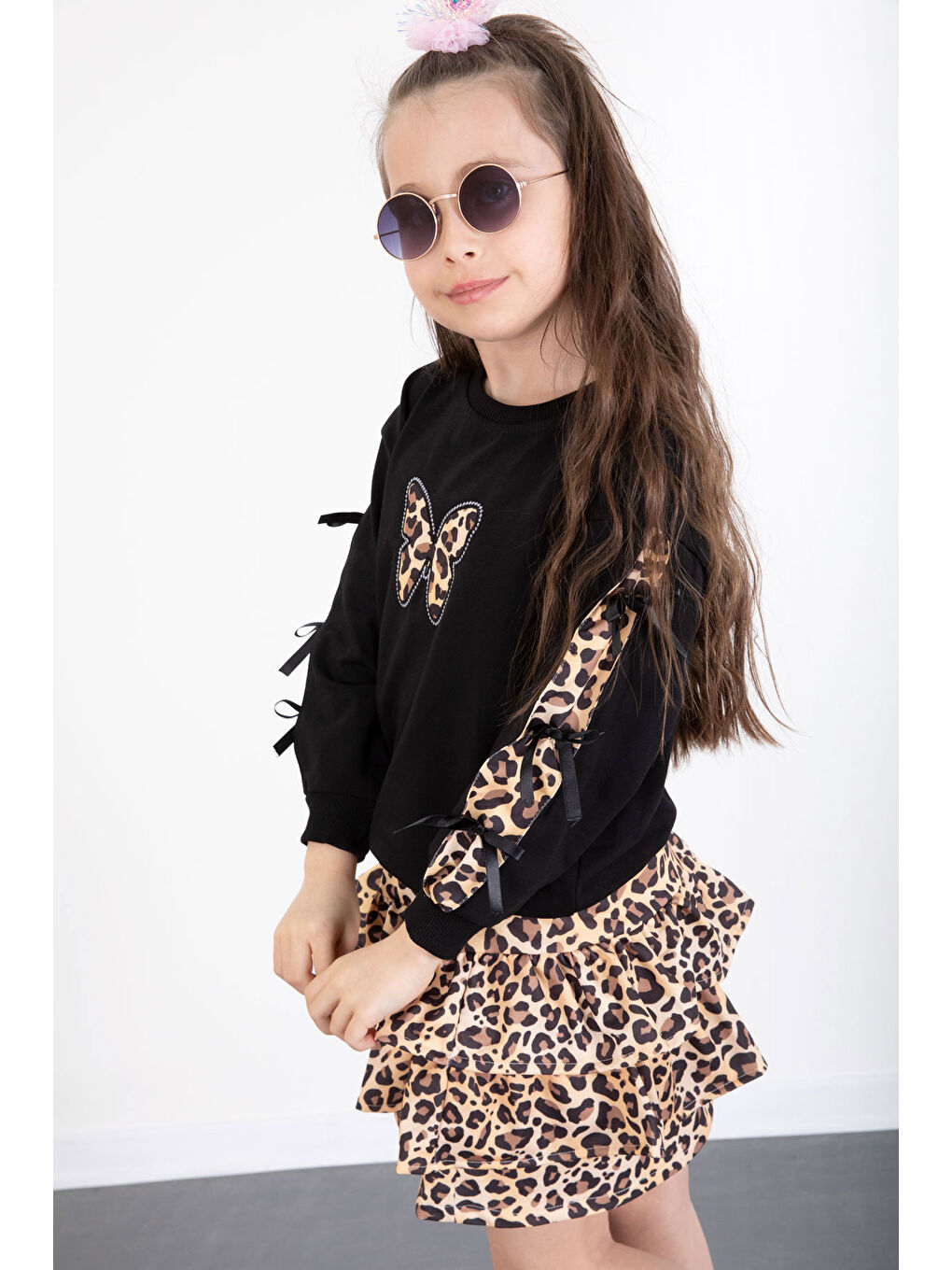 Siyah Kelebek Desenli Badili Leopar Etekli Kız Çocuk Alt Üst Takım 20521-3