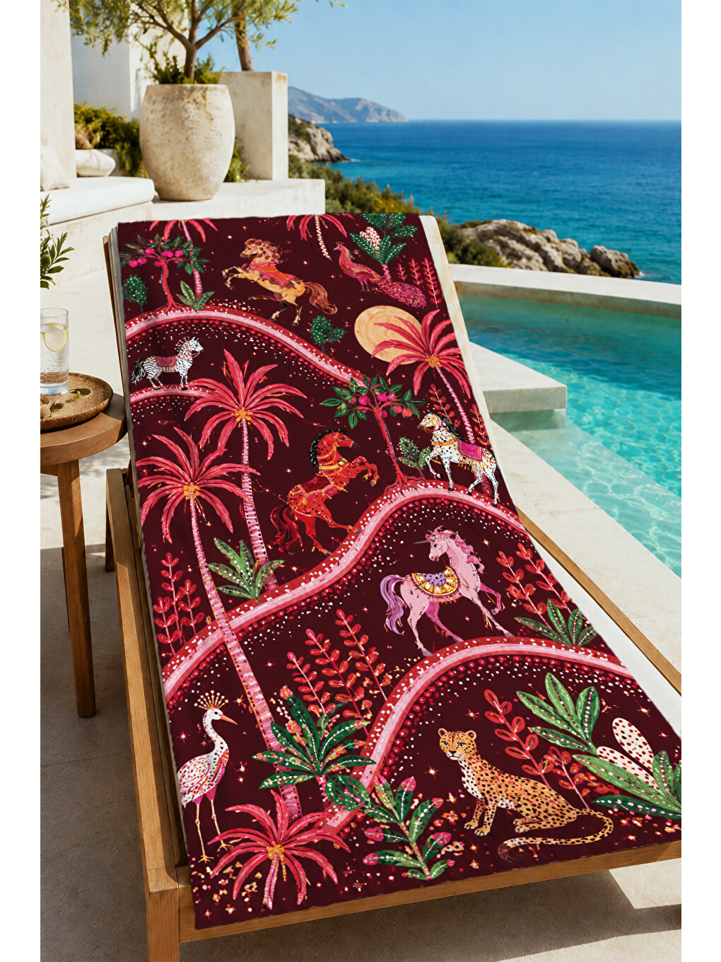 Yeşil Art Deco Flamingo Palmiye Ve Botanik Desenli 70x150 Plaj Havlusu - Dijital Baskılı Banyo Havlusu-3