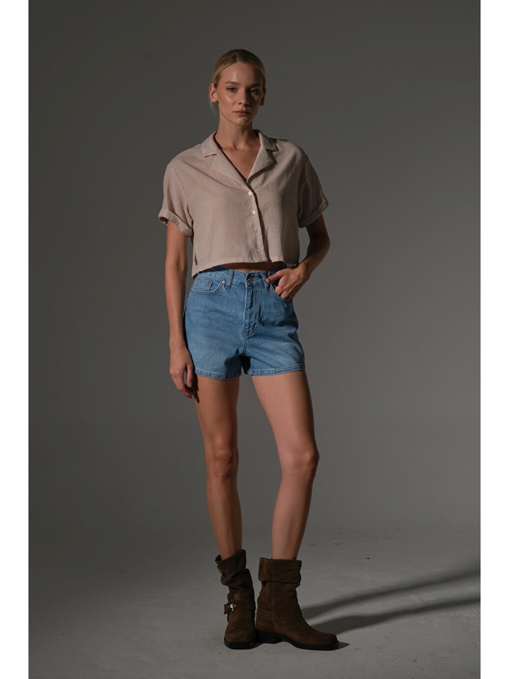 Mavi Kadın Mini Jean Şort, Yüksek Bel, Fermuarlı, 5 cep %100 pamuk Denim Jean @Potenza-2