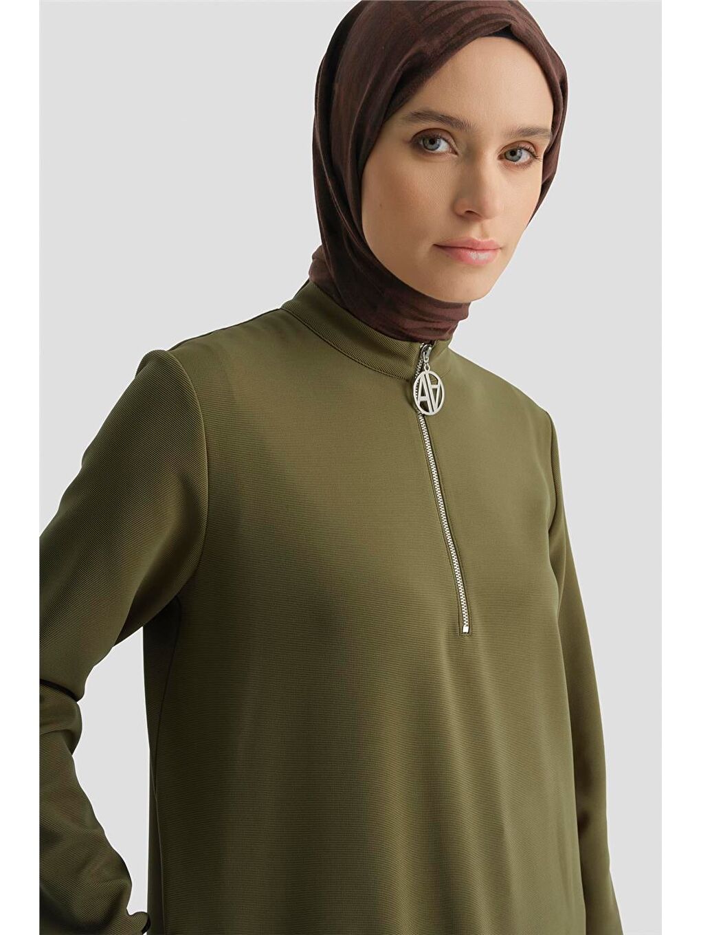 Fermuar Detaylı Tunik Yağ Yeşili-3