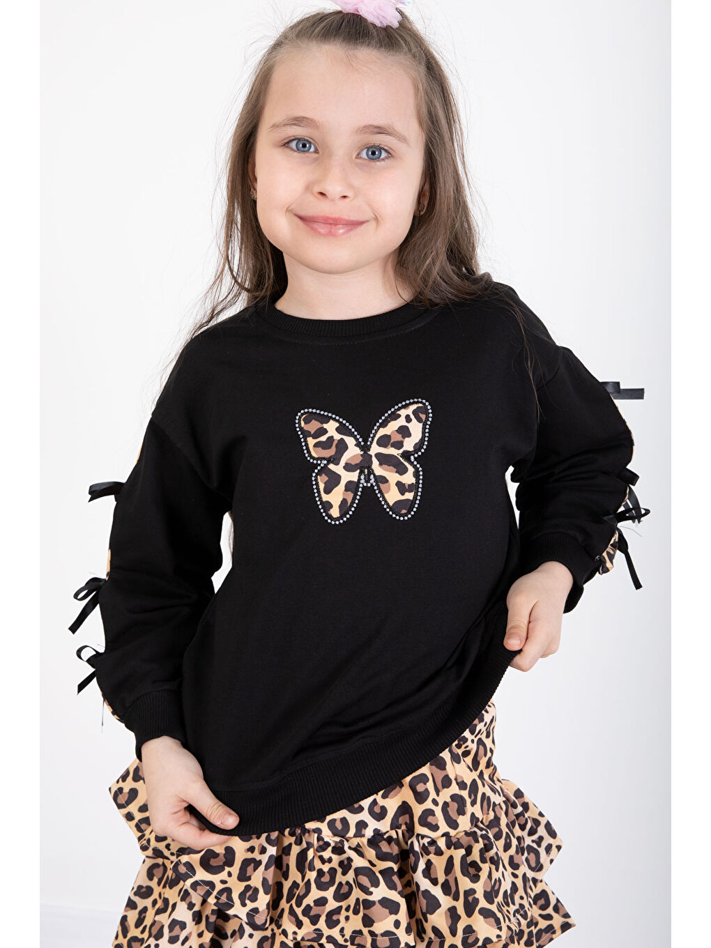 Siyah Kelebek Desenli Badili Leopar Etekli Kız Çocuk Alt Üst Takım 20521-4