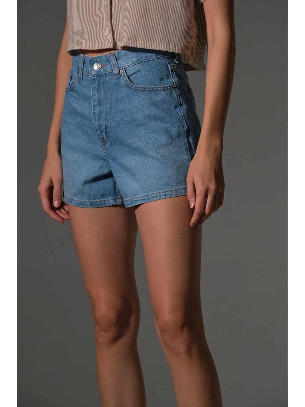 Mavi Kadın Mini Jean Şort, Yüksek Bel, Fermuarlı, 5 cep %100 pamuk Denim Jean @Potenza-4