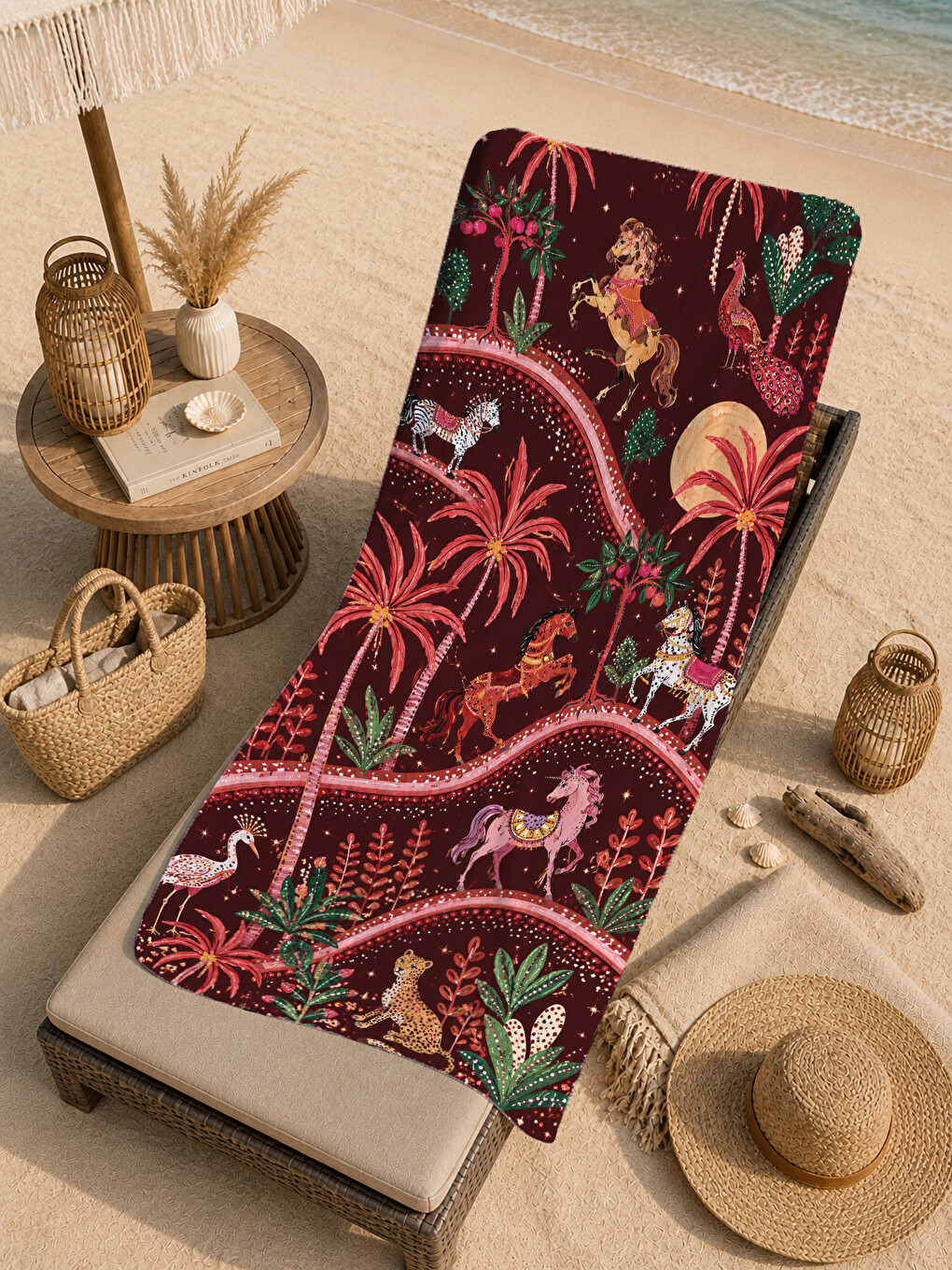 Yeşil Art Deco Flamingo Palmiye Ve Botanik Desenli 70x150 Plaj Havlusu - Dijital Baskılı Banyo Havlusu-4